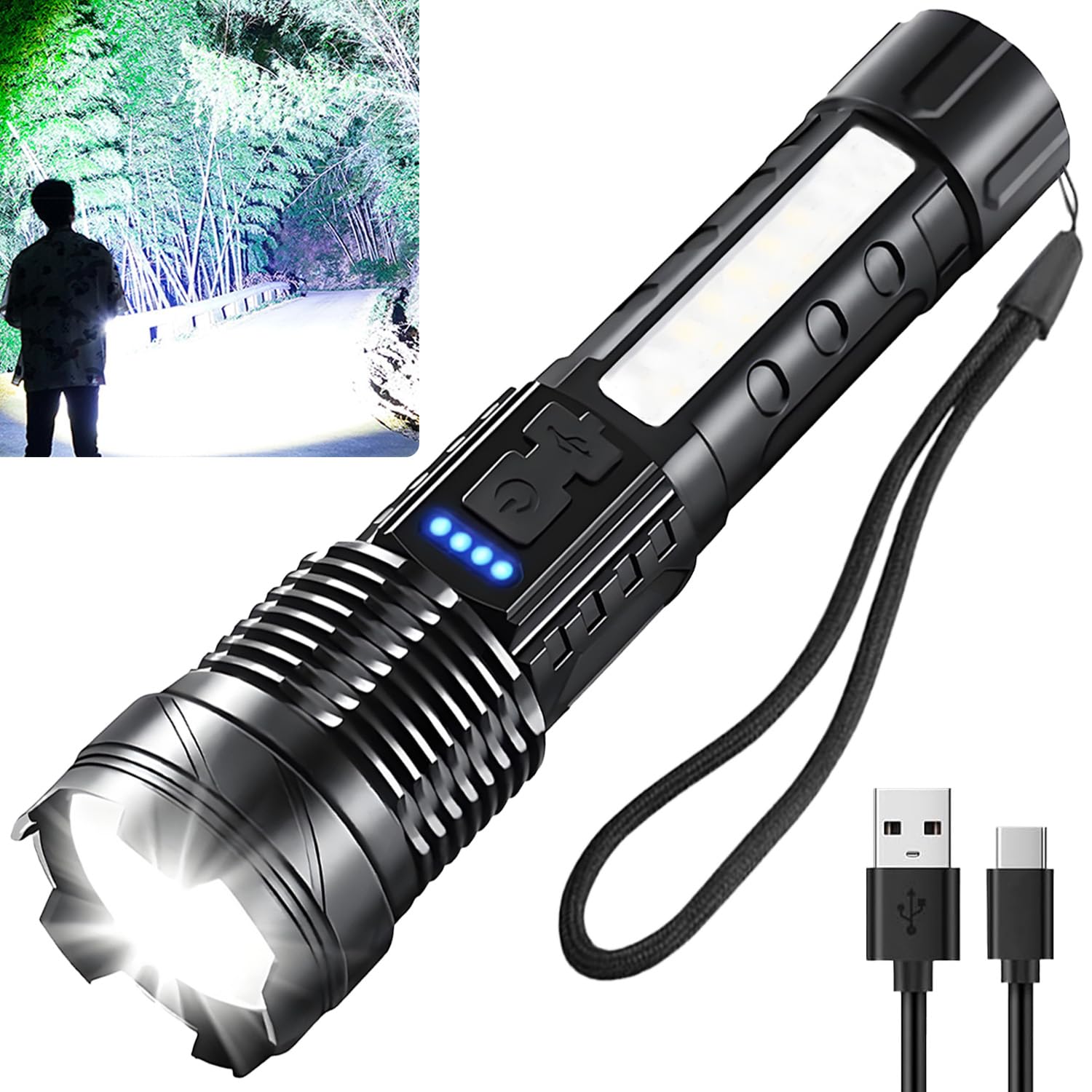 Queena Rechargeable Led Flashlights, 990,000 Lumens Super Bright Flash Light, 7 Modes With Cob Work Light, Ipx6 Waterproof, Adjustable Tactical Powerful Handheld Flash Light For Home,Camping And Emergencies