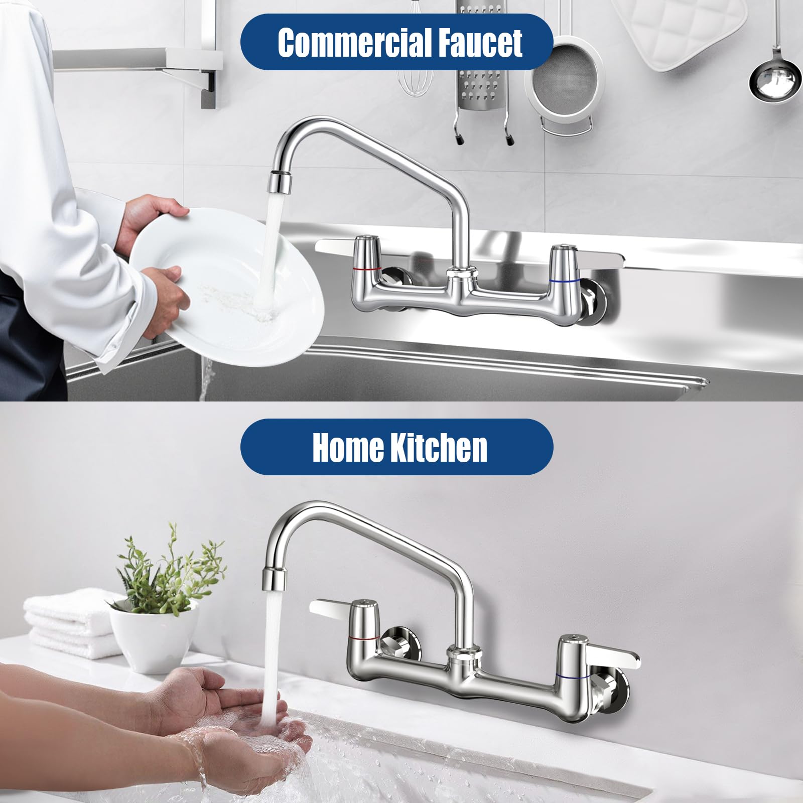 Rnatflu Commercial Sink Faucet With 10 Inch Swivel Spout - Wall Mount Faucet 8 Inch Center - Wall Mounted Kitchen Faucet - Ideal For Commercial Use - High Water Flow