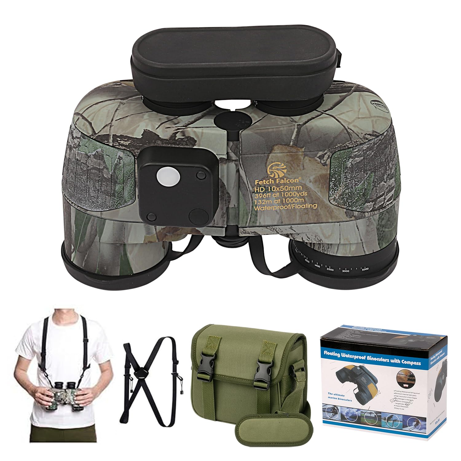 Fetchfalcon Fetch Falcon10X50 Military Nitrogen Filled Binoculars Bak4 Fmc Ipx7 Waterproof Compact Binoculars For Adults High Powered For Travel,Marine,Bird Watching And Outdoor Sports (Camo Maple Leaf Compass)