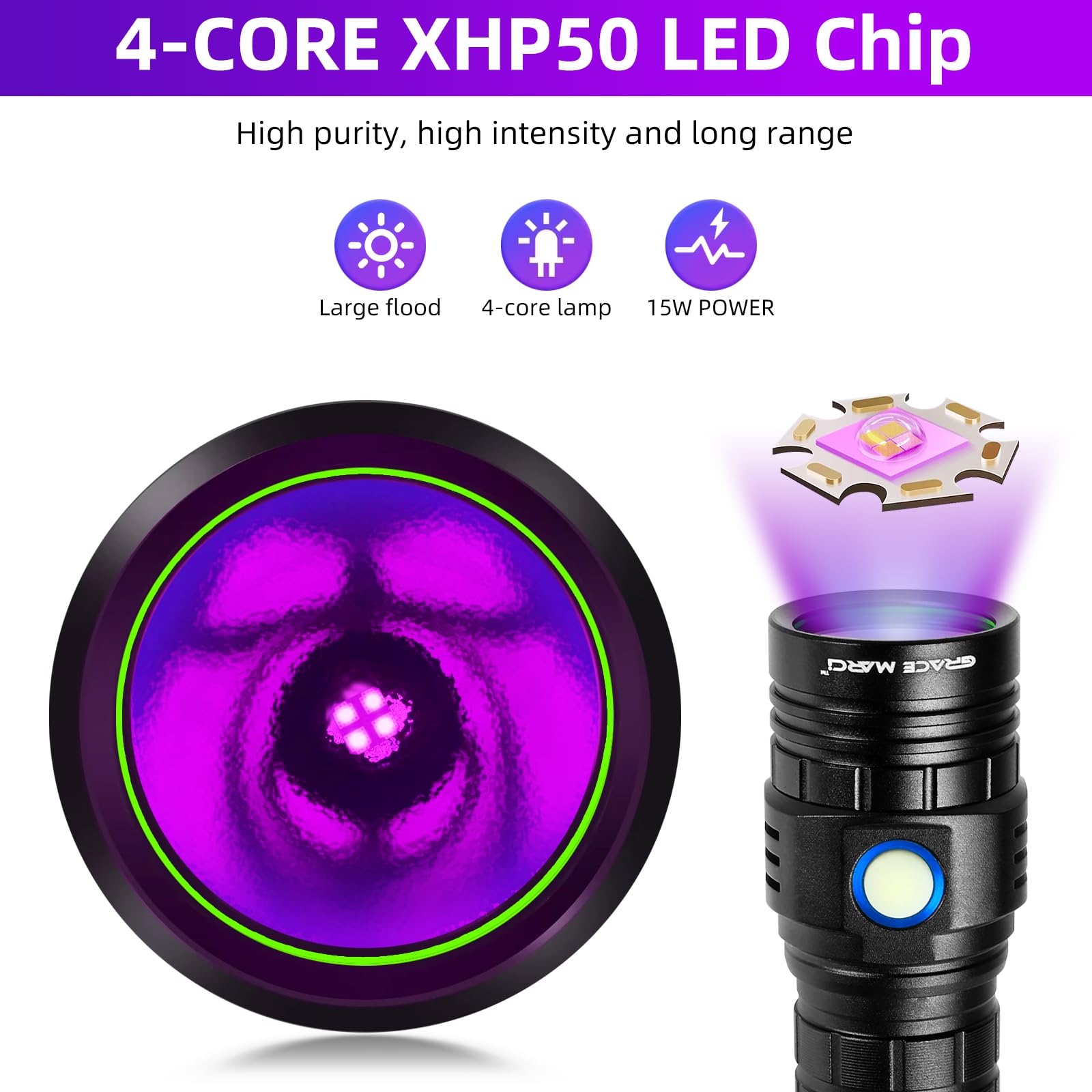 Grace Marci 365Nm Black Light Flashlight, 50W Powerful Small Uv Flashlight Rechargeable, Bed Bug Uv Light, Pet Urine Detector For Dog/Cat Urine, Dry Stains, Bed Bug, Scorpion, Dry Pet Stains