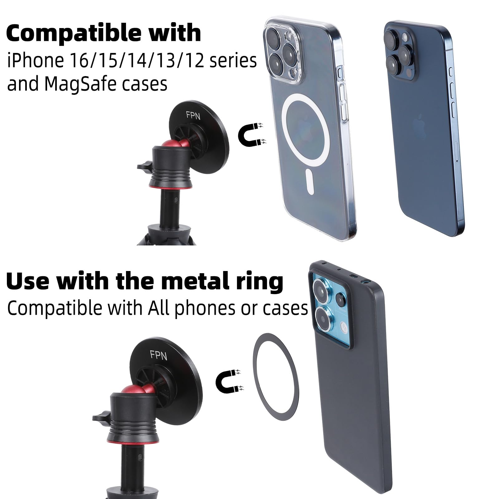 Fpn Magnetic Cell Phone Tripod For Magsafe, Mini Extendable Selfie Stick And Tripod Stand With 360° Ball Head, Compatible With Iphone 16 15 Pro Max Plus 14 13 12 Series