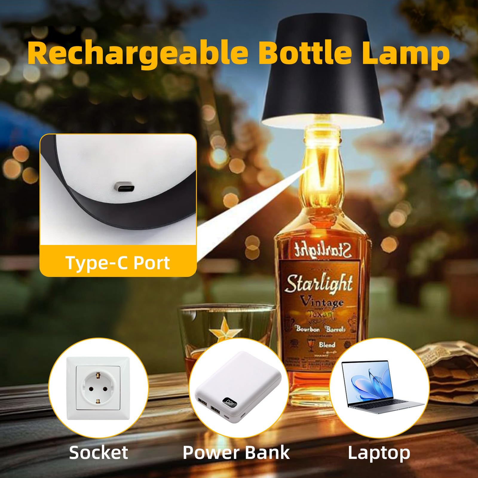 Mxcoirtp Wireless Bottle Lamp, Adjustable Brightness 3 Color Wine Bottle Light With 2 Lamp Bases, Touch Control Rechargeable Metal Waterproof Table Lamp For Dining Room/Bedroom/Bar, Black