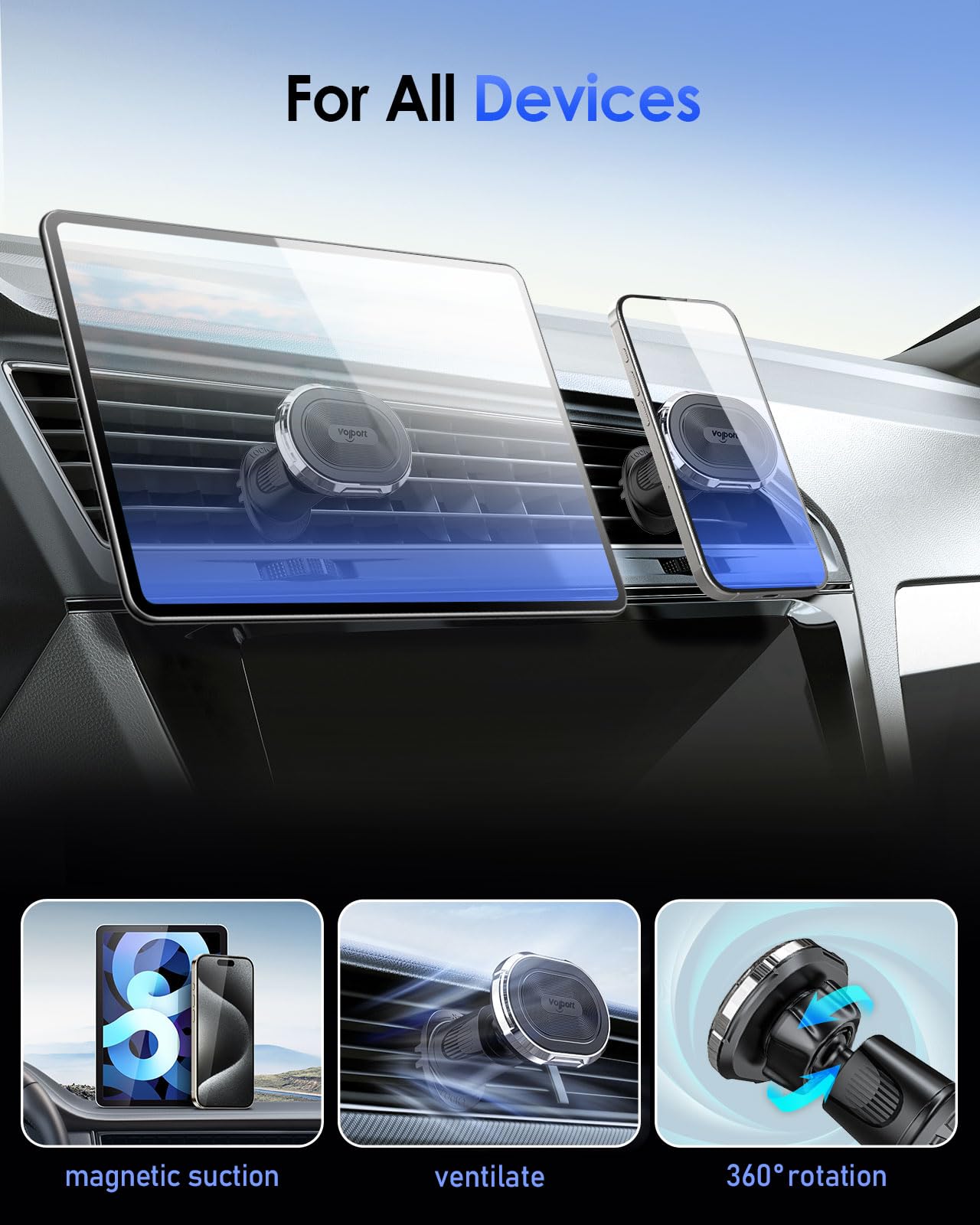 Volport Magnetic Phone Mount For Car Vent: [Strong Magnet Clip Hook] Air Vent Holder For Iphone 16/15/14/13/12 Pro Max Plus Samsung S24 Ultra S24+ All Cell Phone & Tablets (Sliver)