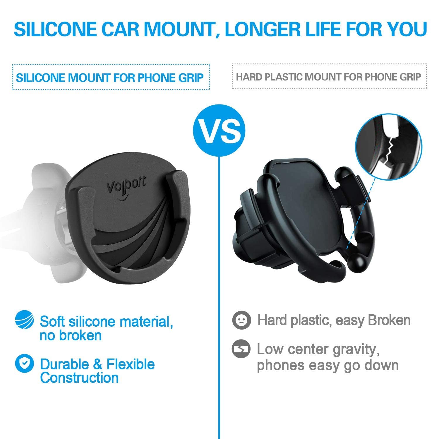 Volport Air Vent Phone Mount For Socket User, Universal Silicone Vent Holder With Adjustable Clip & 2 Pack Sticky Adhesive Replacement For Collapsible Grip Stand Compatible With Smartphones Black