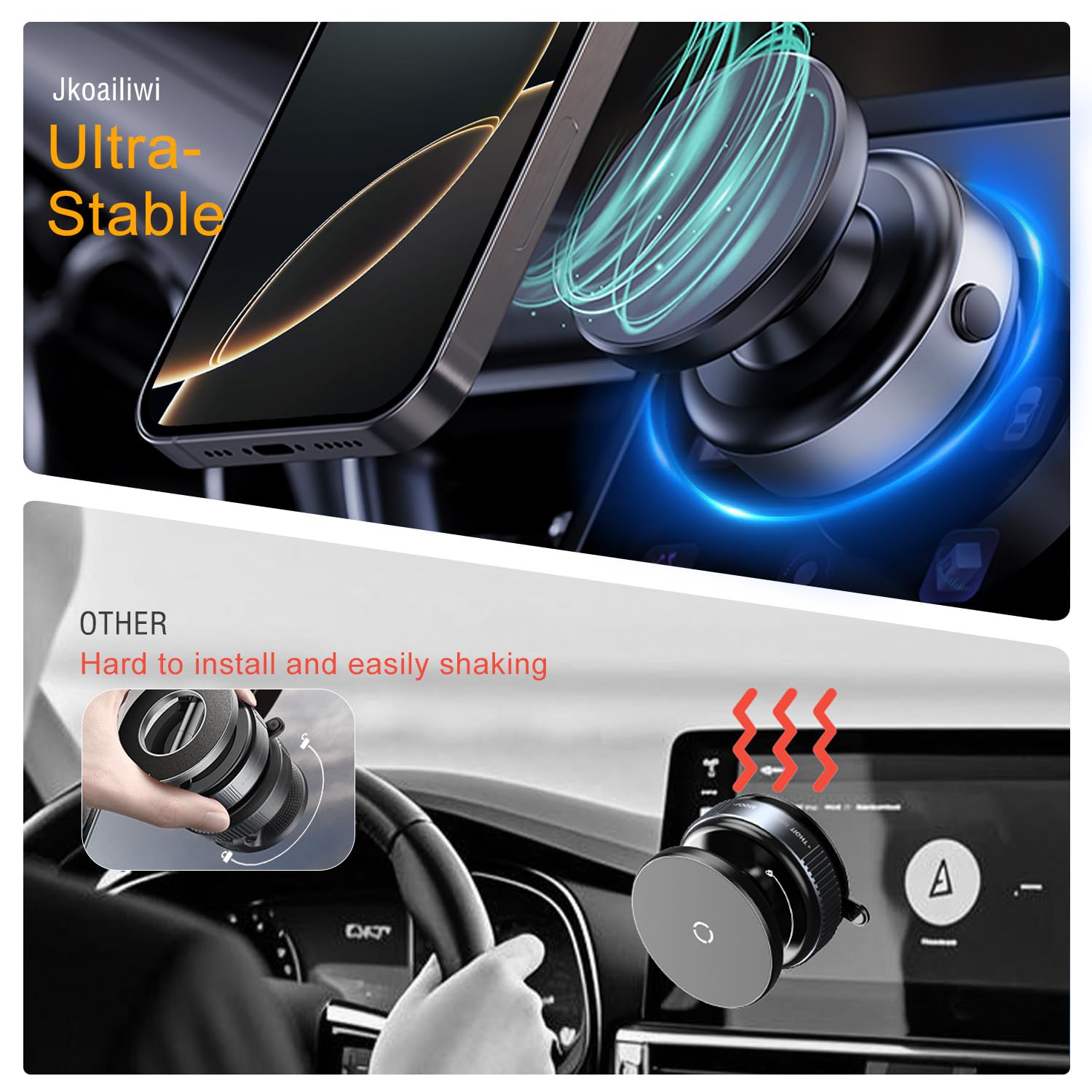 Jkoailiwi 360 Adjustable Vacuum Magnetic Phone Holder, Hands- Stable Anti-Shake Electric Suction Cup Phone Mount, Magnetic Phone Holder For Car Vlogging Travel, For Magsafe Iphone 16E 16 Pro Max