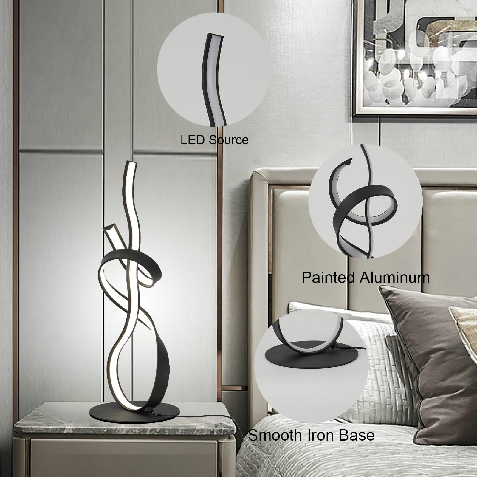 Aooliwang 21Inch 20W 2700Lm Modern 3 Color Remote Control Touch Dimmer Remote Control Art Led Table Lamps For Bedroom Living Room Villa (Black)
