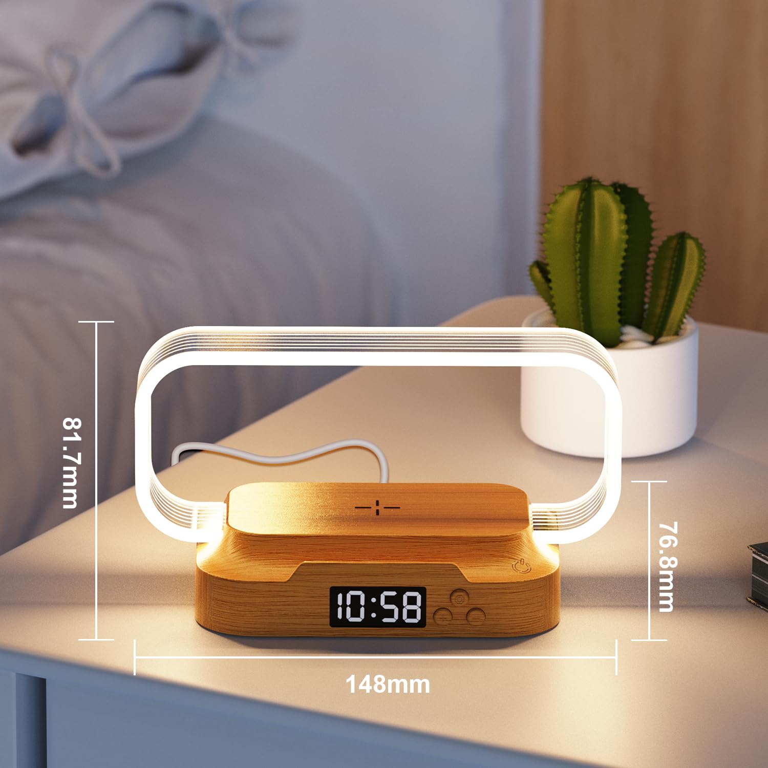 Donewin Small Nightstand Lamp With Wireless Charger,Cute Bedside Lamp With Clock,Small Table Lamp For Bedroom,Mini Night Light For Bedroom,Tiny Light As ,Stepless Dimmable,3 Color Modes