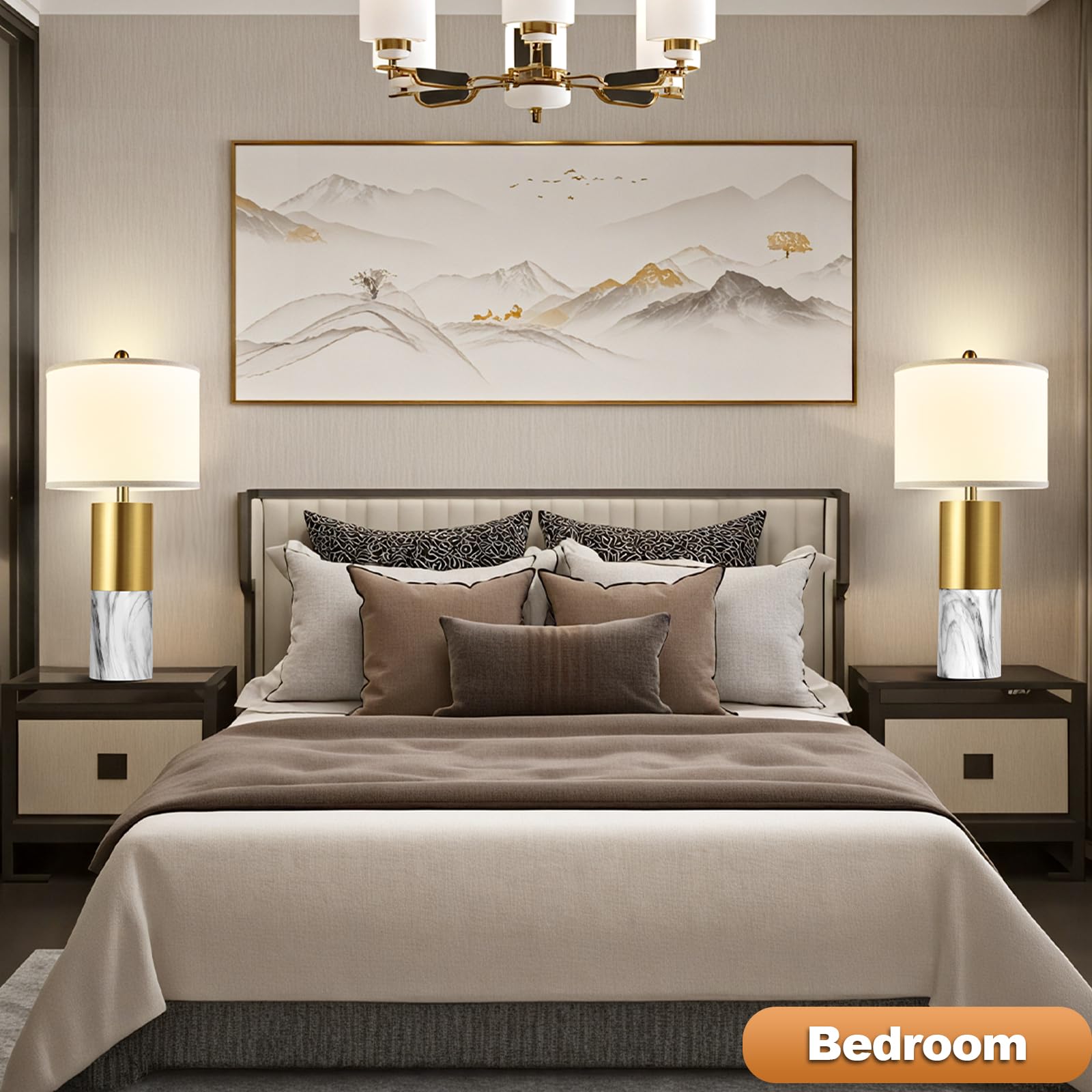 Ghoocemlux 22" Faux Marble Table Lamps Set Of 2, Modern 3-Color Temperature Table Lamps With Fabric Shades, Contemporary Bedside Nightstand Lamps For Living Room Bedroom (2 Led Bulbs Included) - White & Gold
