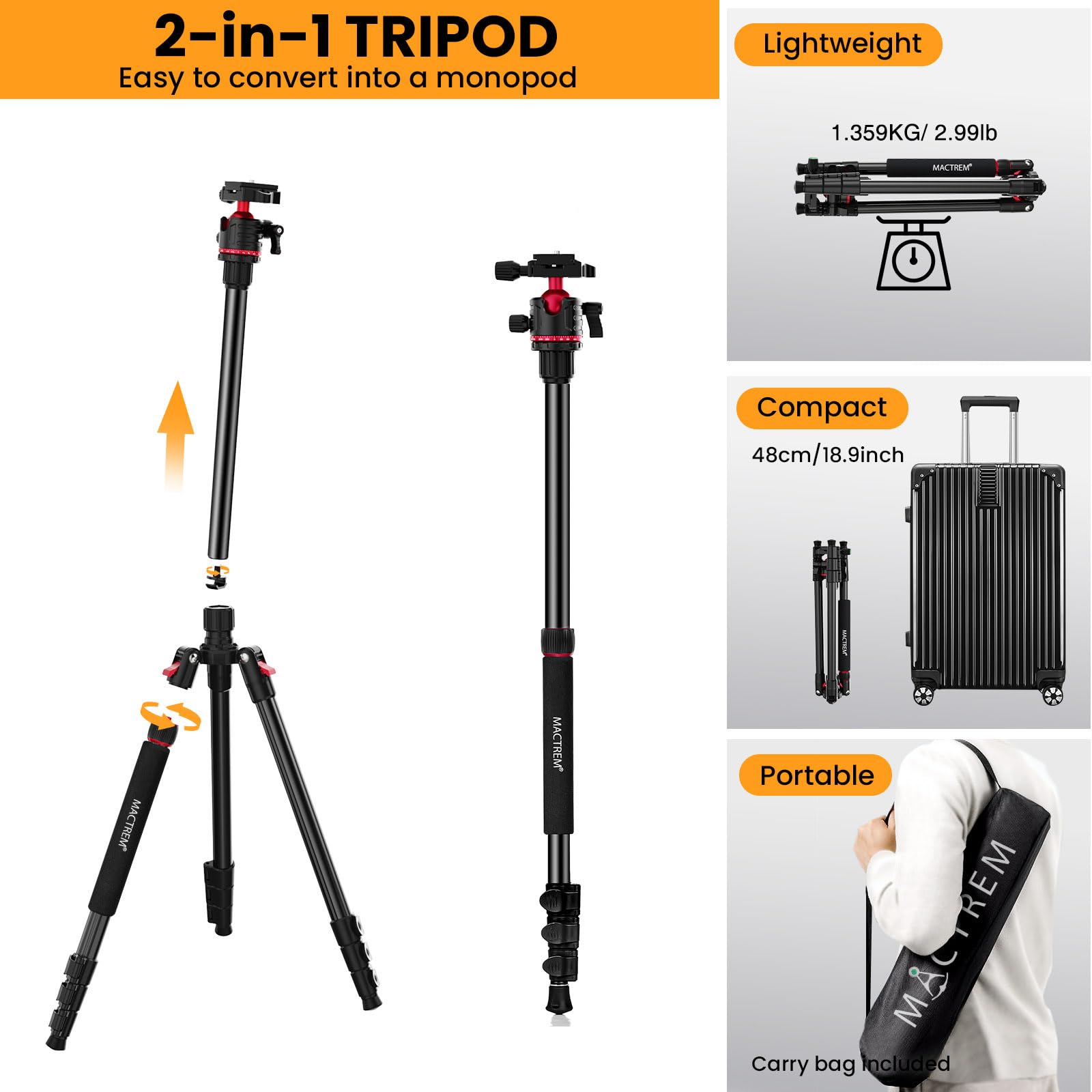 Mactrem Camera Tripod, 74 Inch/187Cm Aluminum Travel Tripod & Monopod With 360Ball Head, Lightweight For Smartphone Ipad Canon Nikon Sony Binoculars Laser Level Telescope