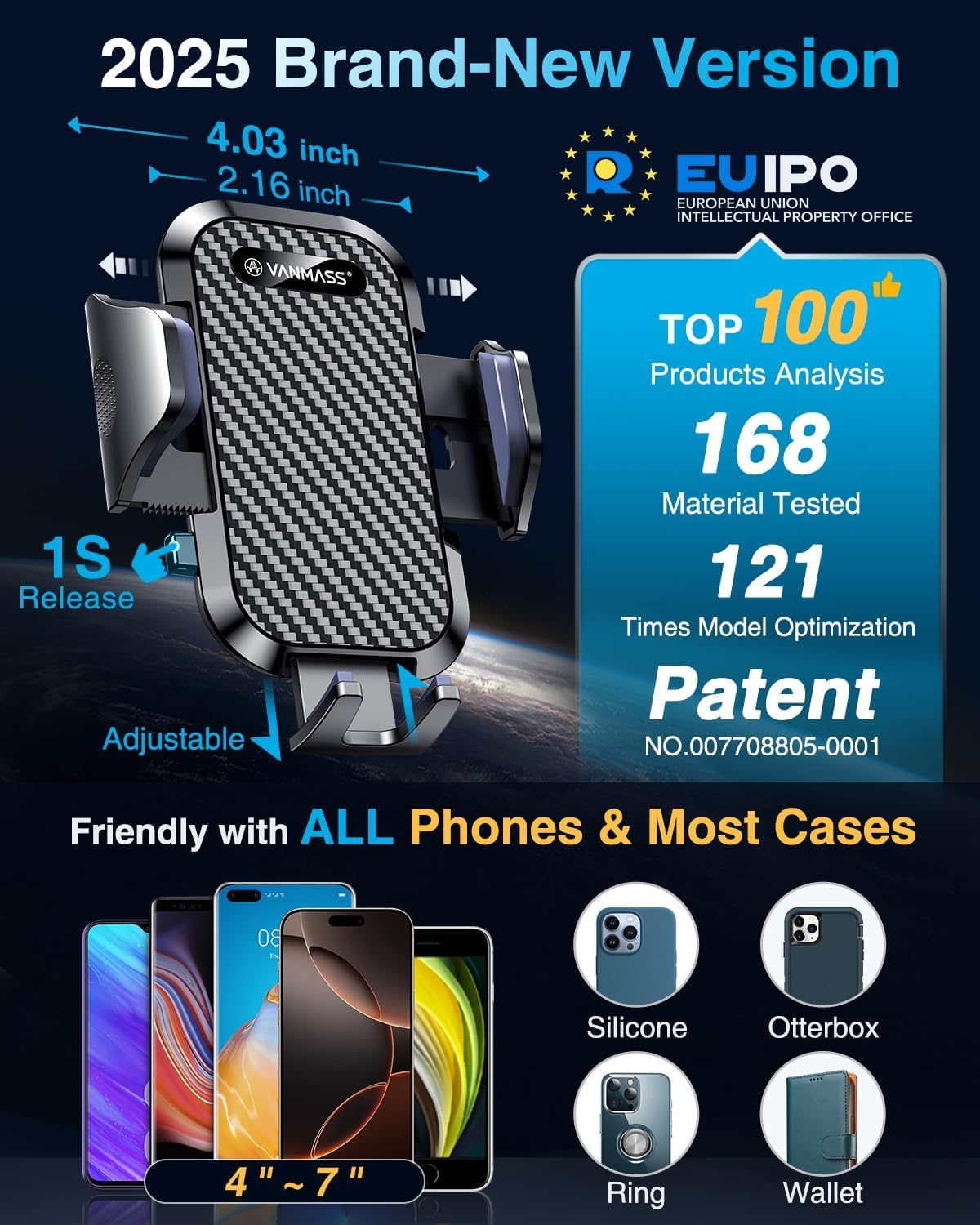 Vanmass Car Phone Holder  Ultimate Military-Grade Phone Holder For Your Car Windshield Dashboard【est Best Strongest】 Cell Phone Car Mount With Patent & Safety Certs For Iphone Samsung Android