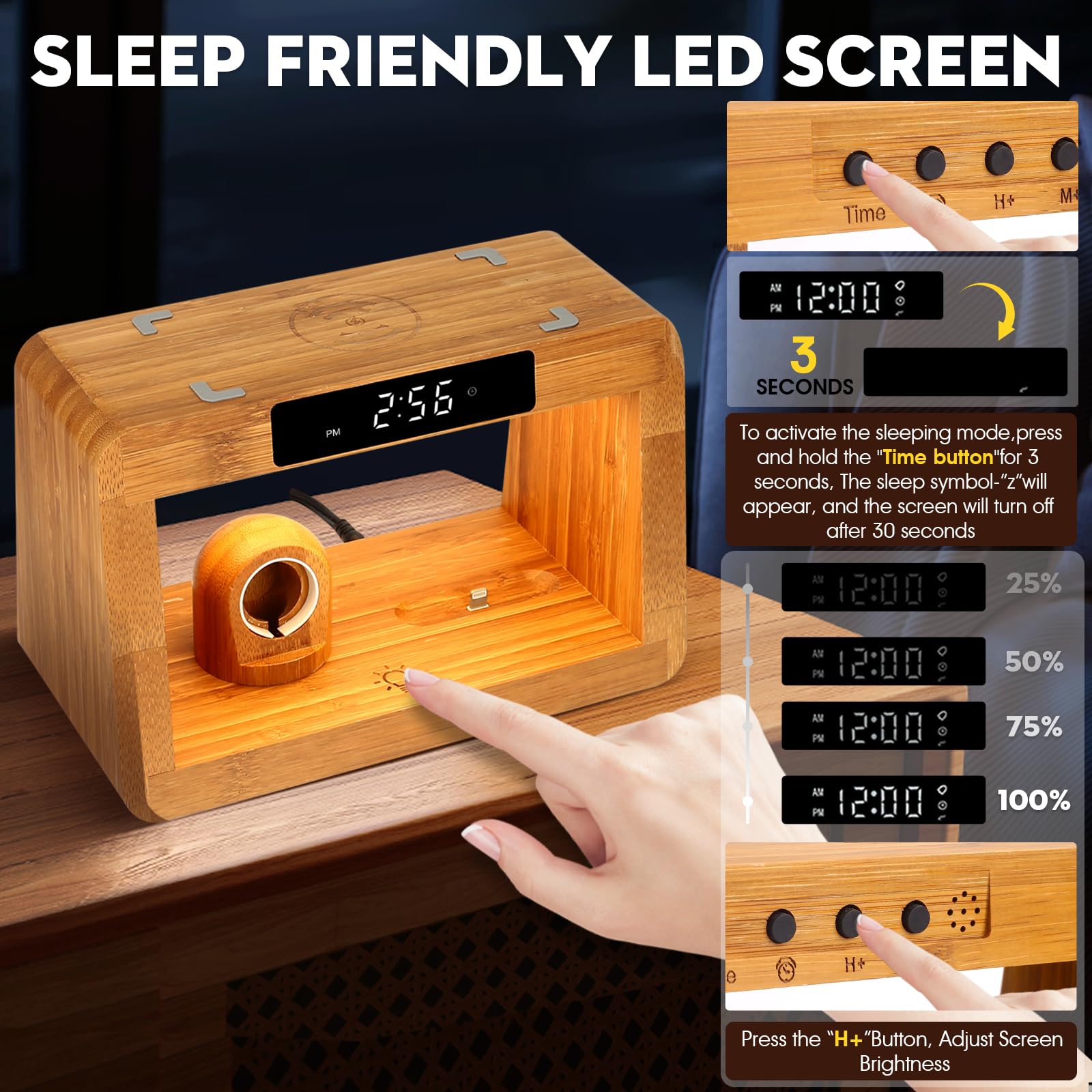 Hqobzx Wooden Bedside Table Lamps For Bedroom With Wireless Charger, Nightstand Lamp With Charging Station, 3 Night Light Modes Dimmable Touch Bedside Lamps With Alarm Clocks Lamps For Night Stands