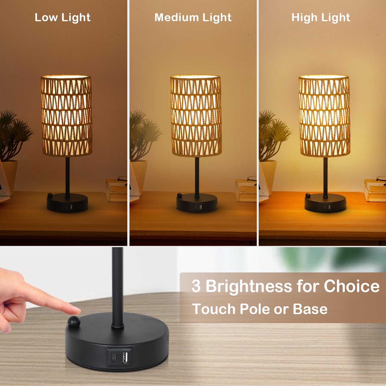 Eayaya Touch Table Lamp Set Of 2 For Bedroom With Bulb, Boho Small Desk Lamp For Living Room With Rattan & Linen Shade, 3 Way Dimmable Bedside Table Lamp For Nightstand With Usb Charging Port & Phone Stand
