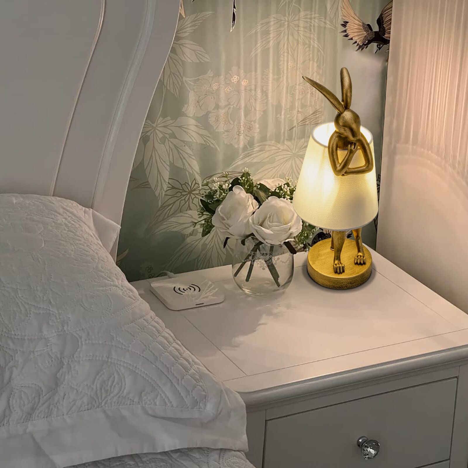 Jgoewbj Bunny Table Lamp, Resin Rabbit Desk Light, Animal Lamps With Linen Shade, Vintage Antique Gold Main Part (White Lamp Shade)