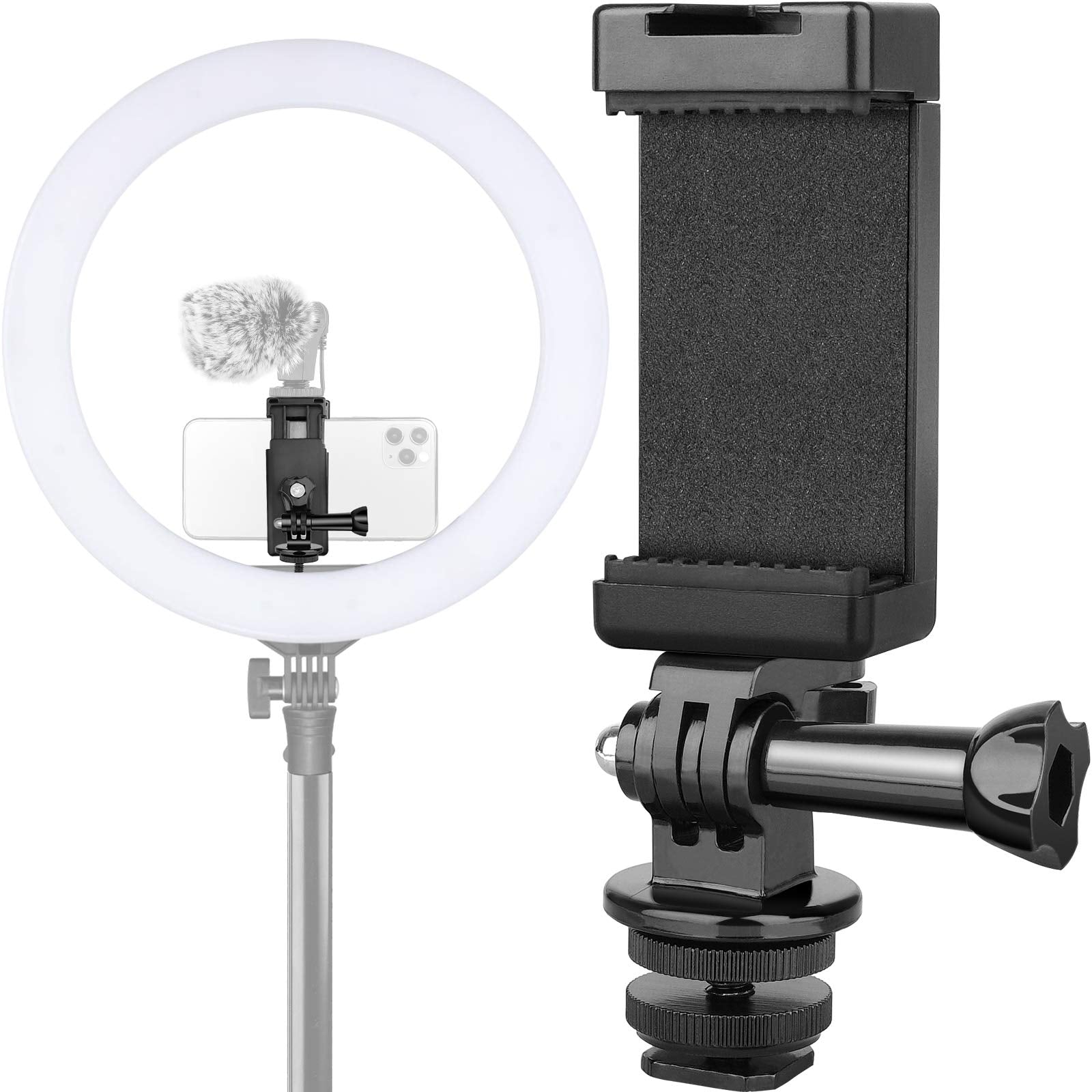 Anwenk Phone Holder Hot Shoe Mount Adapter With Cold Shoe Mount For Microphone/Flash Light Compatible With Gopro Hero Dji Osmo Action Camera Smartphone, Attach On Dslr Camera/Ring Light/Tripod