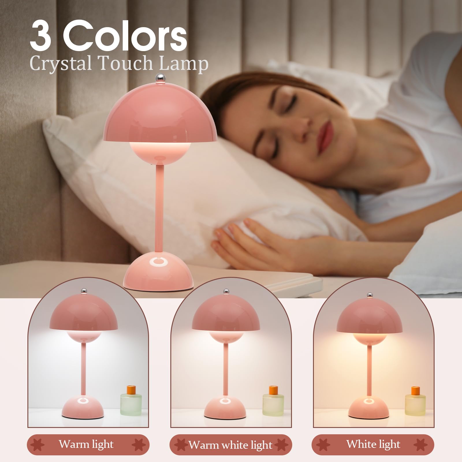 Nusogon Flowerpot Cordless Lamp, Dimmable Rechargeable Touch Lamp, Battery Operated Lamp, Cute Mushroom Small Lamp For Nightstand, Modern Table Lamp For Indoor Outdoor(Pink