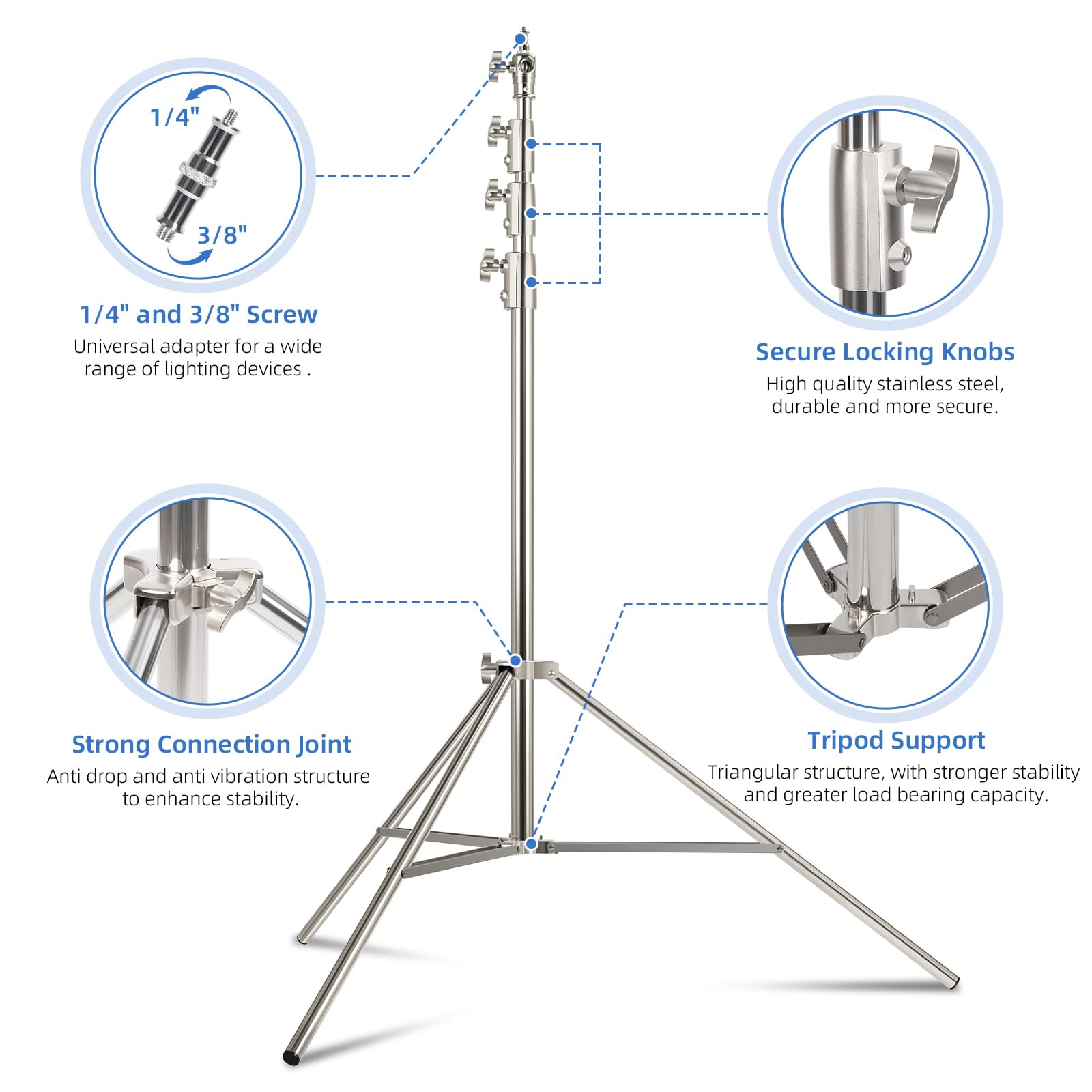 Gltire Stainless Steel Photography Light Stand 13Ft / 4M, Spring Cushioned Heavy Duty Tripod Stand With 1/4”To 3/8”Screw Adapter For Strobe, Led Video Light, Ring Light, Monolight, Softbox