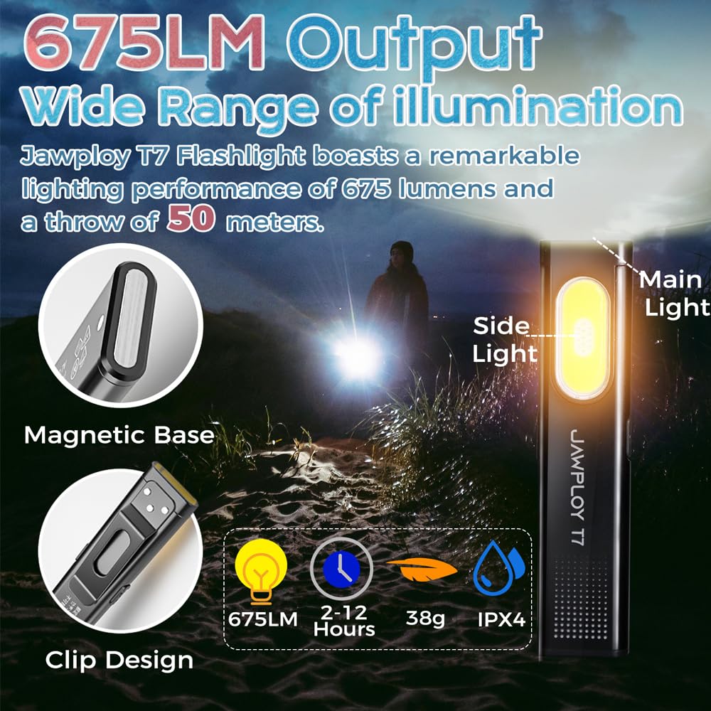 Jawploy Pocket Flashlight Rechargeable Edc Flashlight, 675Lm， Dual Light Source With 7 Modes/Red & Blue Strobe, Clip-On Light, Ipx4 Magnetic Led Flashlight For Emergency, Signaling/Cycling/Outdoor
