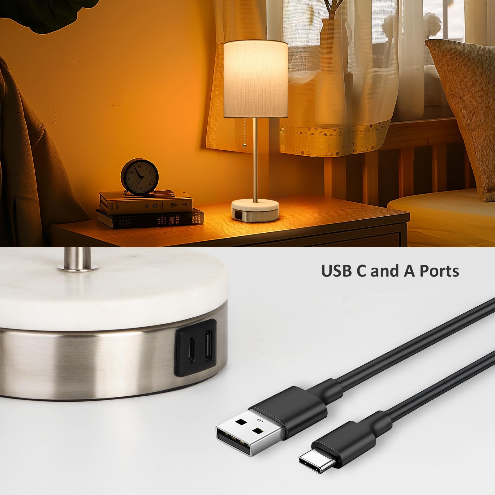 Velxee Marble Table Lamp, Bedside Lamps With Pull Chain For Bedroom, Lamp For Night Stands With Usb Ports And Square Shade For Living Room Home Decor, Bulb Included