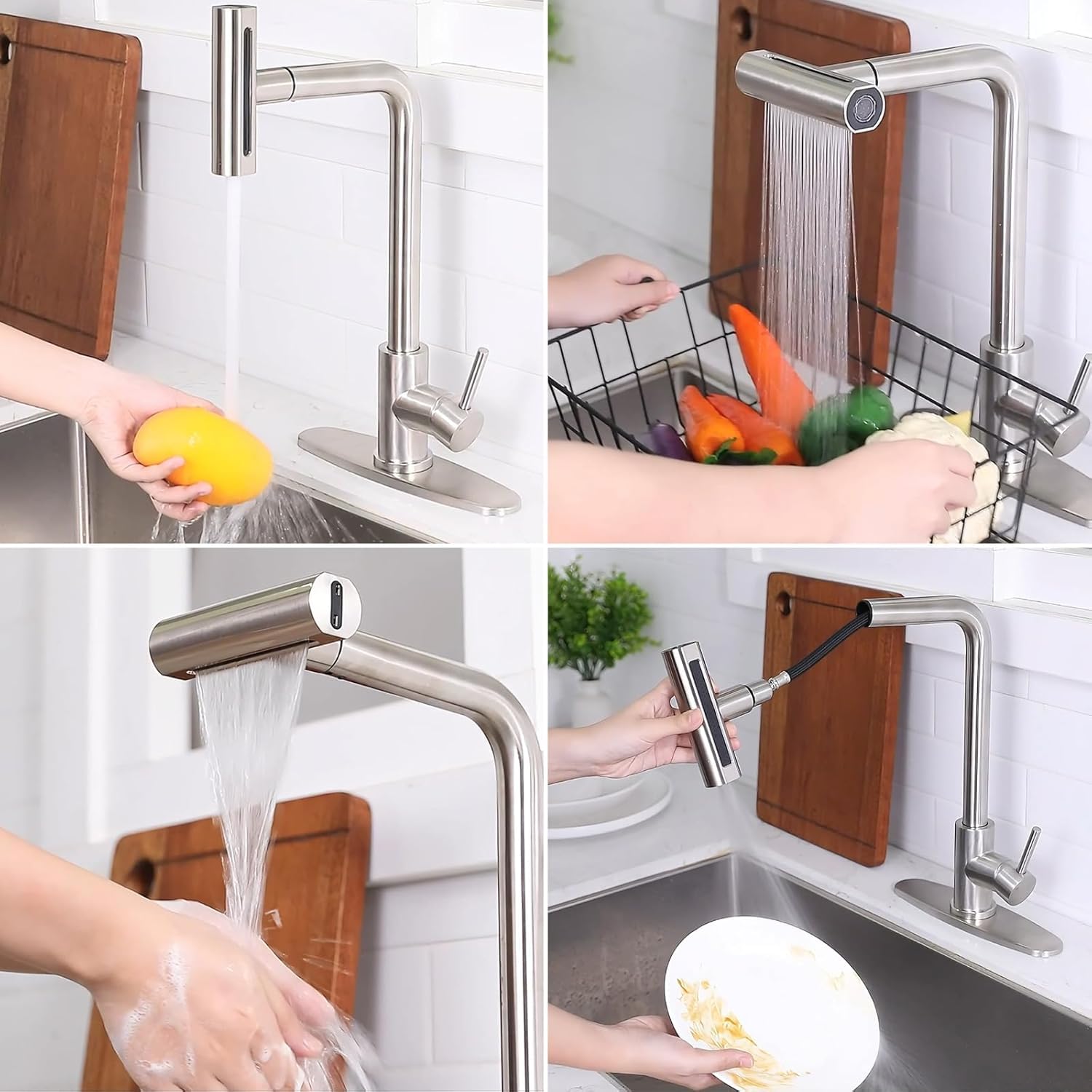 Bietor 4 Mode Kitchen Faucet With Soap Dispenser Brushed Nickel, Kitchen Sink Faucet With Pull Down Sprayer, Waterfall Modern Kitchen Faucet, Stainless Steel Single Handle Faucet For Kitchen Sink, Rv