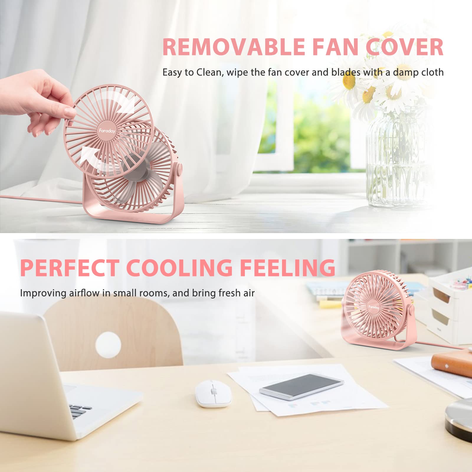 Faraday Usb Desk Fans 5 Inches Portable Table Fans 360° Head Rotation Small Personal Desktop Fan
