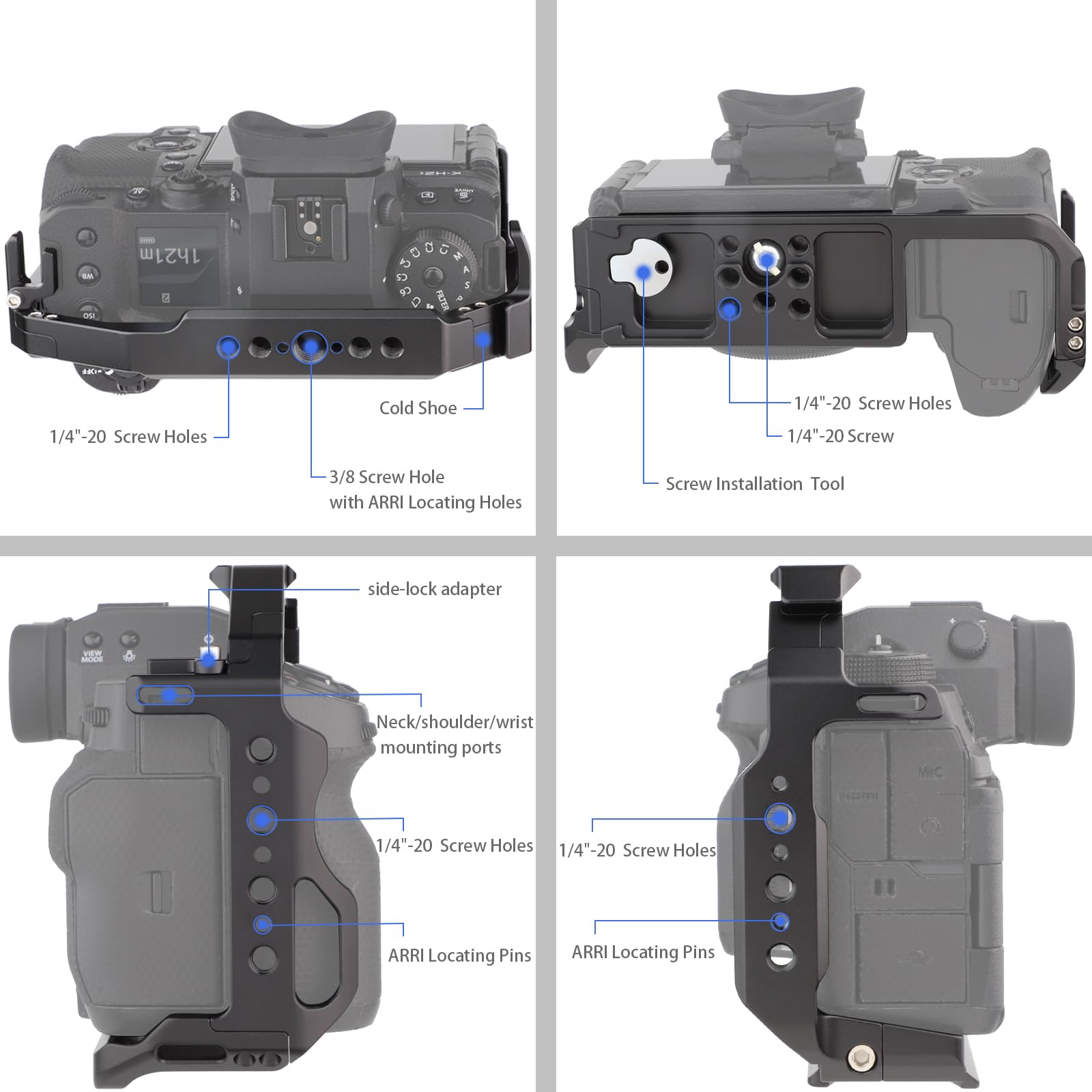 Leftfoto Xh2/Xh2S Camera Cage - Aluminum Rig With Arca Base,Nato Rail,Arri Threads Fits Dji Rs Stabilizer-For Fujifilm X-H2/X-H2S Vlog Video Shooting