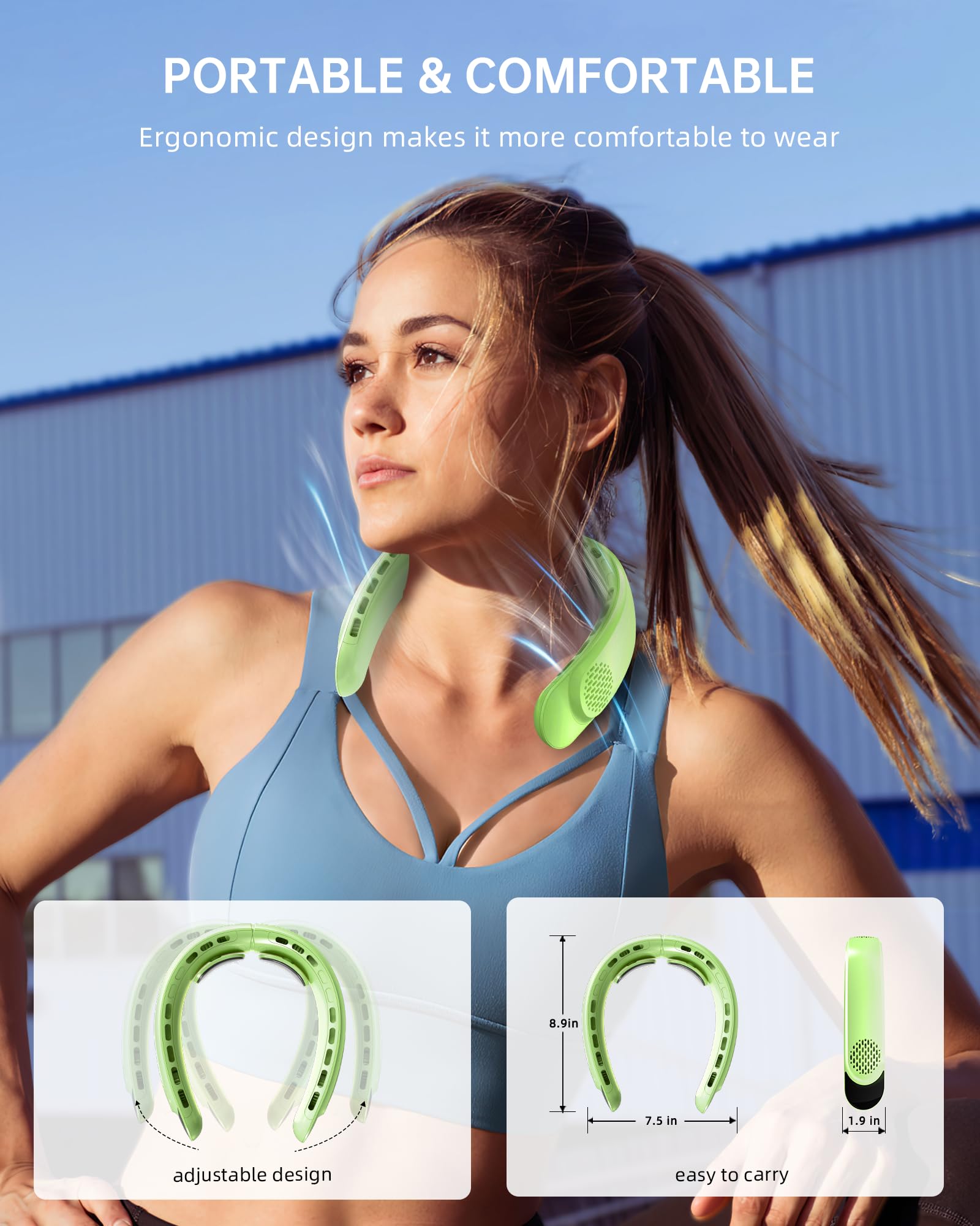 Portable bladeless neck fan with 4 turbo speeds, 4000mAh rechargeable battery for hands-free cooling in hot weather
