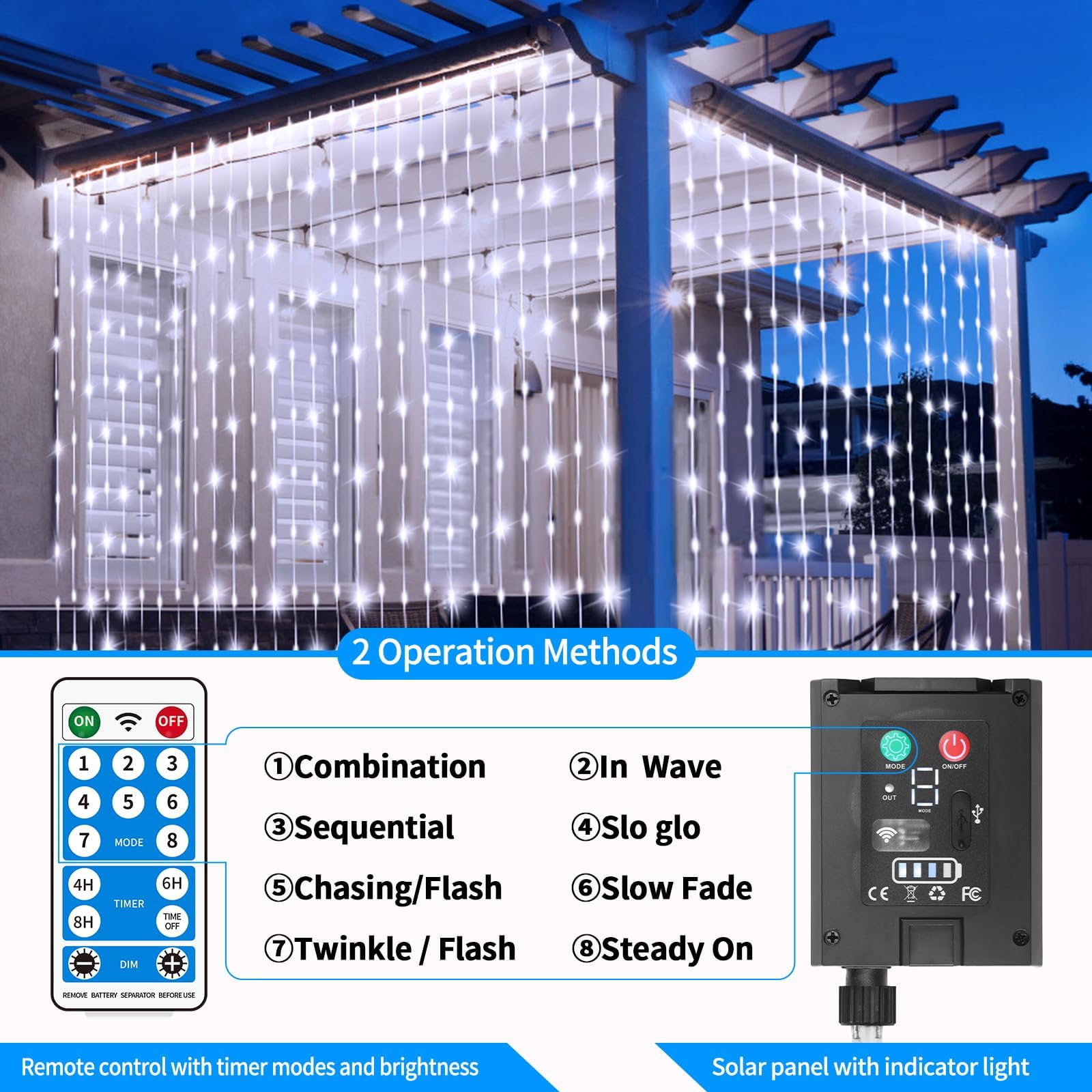 Mdedl Solar Curtain Lights 600 Led Outdoor Waterfall String Lights Waterproof 8 Modes Remote Type C Charging Hanging Twinkle Fairy Lights Dimmable For Christmas Gazebo Party Wedding Window