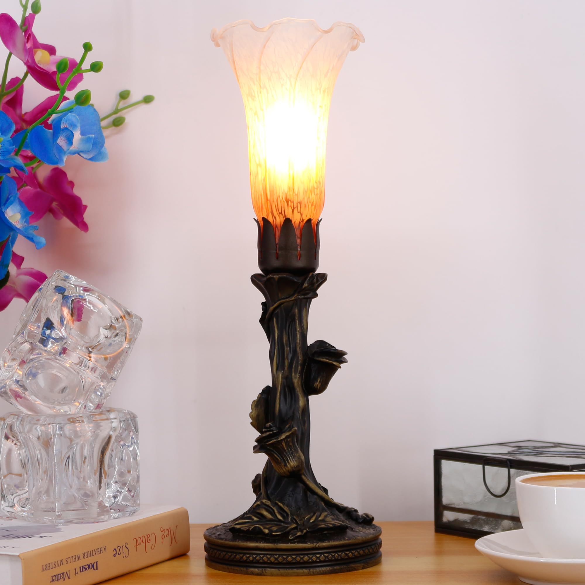 Anyonglu Lily Lamp Tiffany Style Torchiere Table Lamp 13.5 Inch Tall Tulip Flower Accent Desk Lamp With Bronzed Resin Base (1-Light/Orange)
