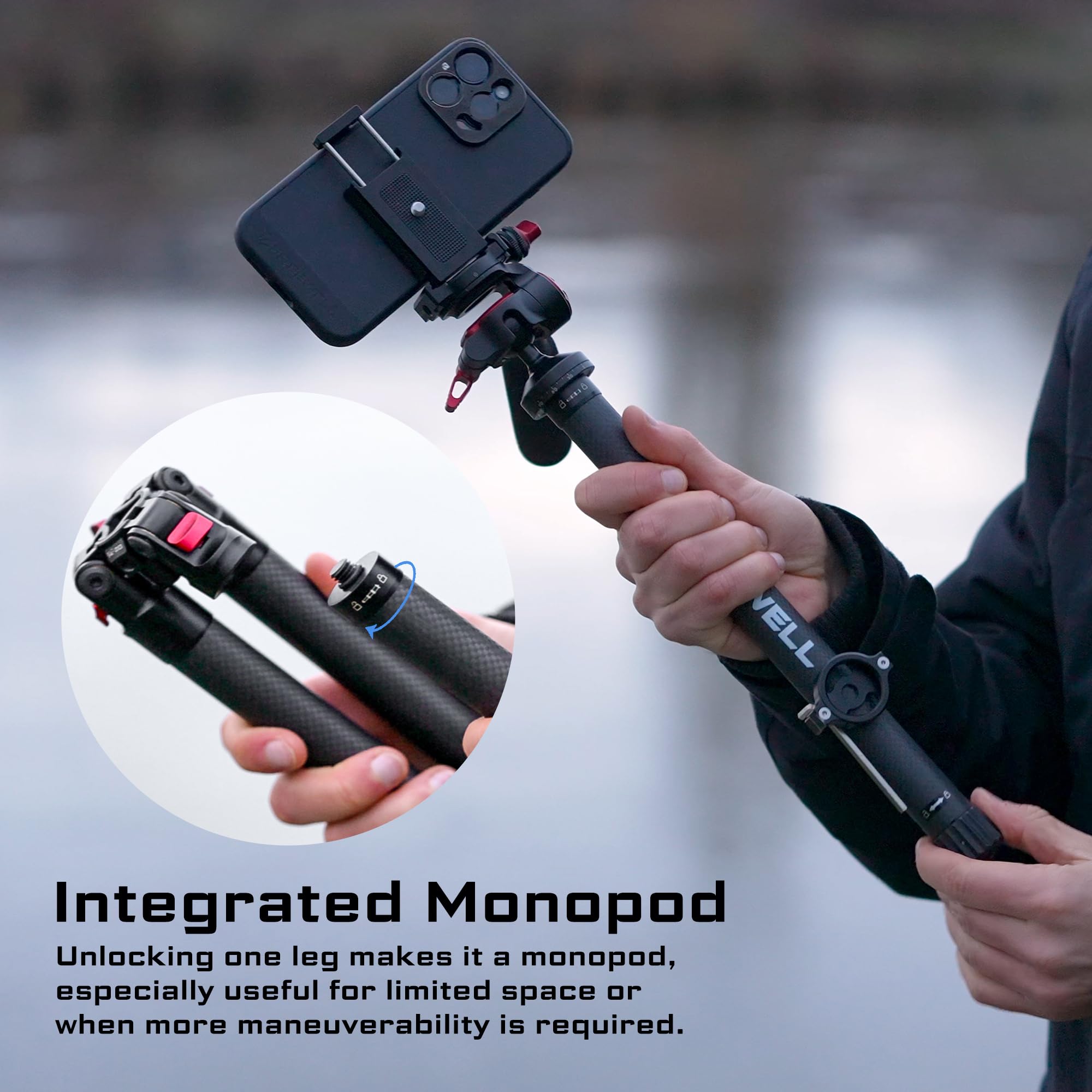 well Carbon Fiber Travel Tripod 59.1" Lightweight 1.98Lbs Photo/Video 360°Ball Head (Max Load 5Kg/11 Lbs), Monopod, Quick-Release Plate, For Dslr Cameras & Smartphones