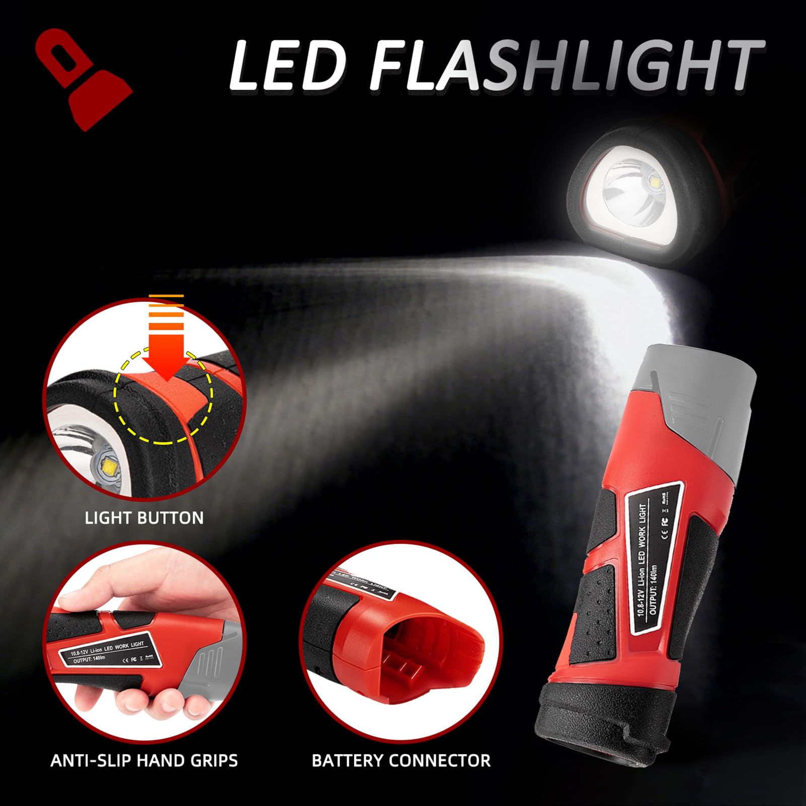 Rexlelxb Flashlight Work Light For Milwaukee M12B2 10.8V-12V Battery, 3W 140Lm Handheld Light Illumination Lamp For Work At Night 48-11-2401 M12B2 M12B4 M12B6 C12B