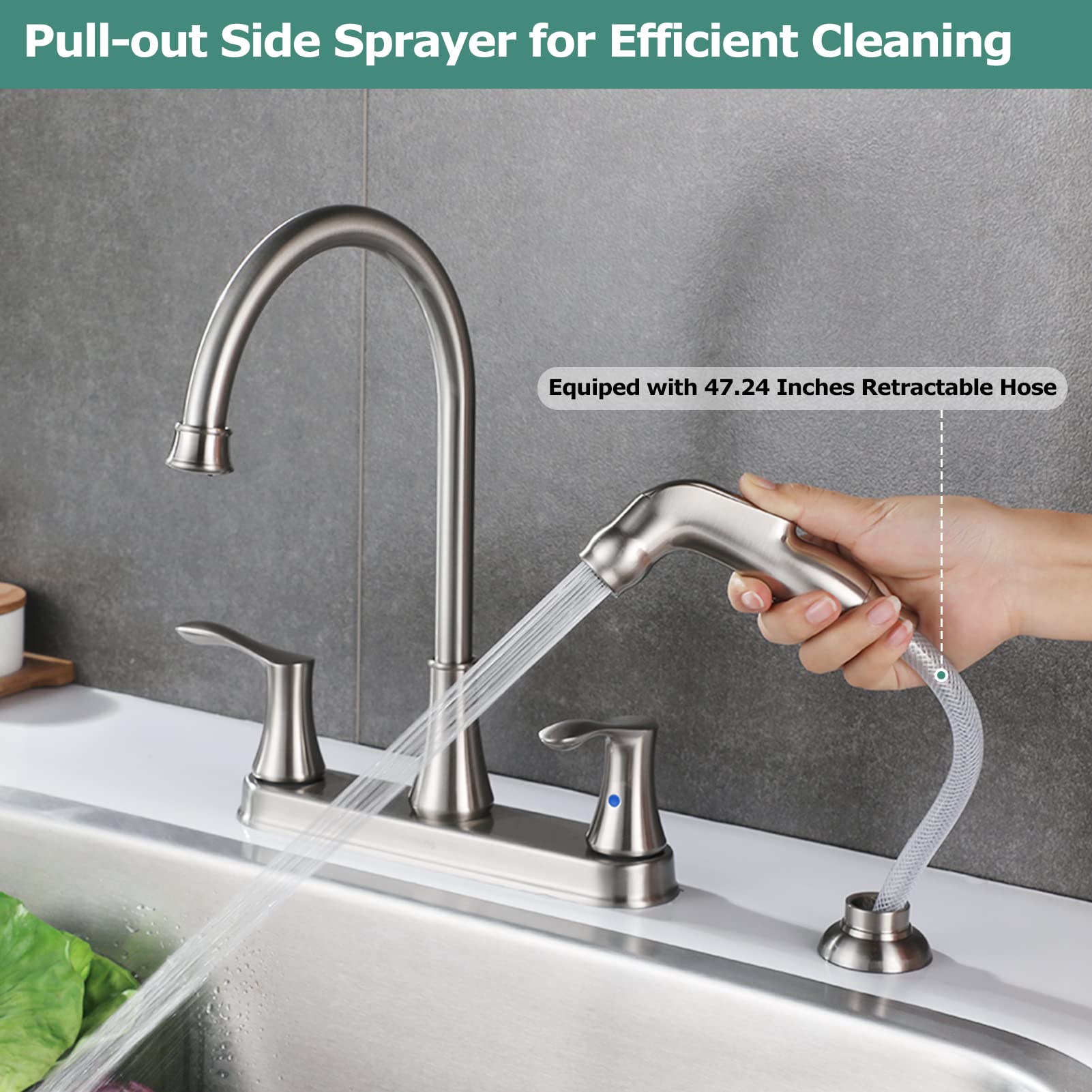Parlos 8 Inch Two Handles High Arch Kitchen Sink Faucet With Side Sprayer & Supply Lines, Brushed Nickel, Demeter 14138