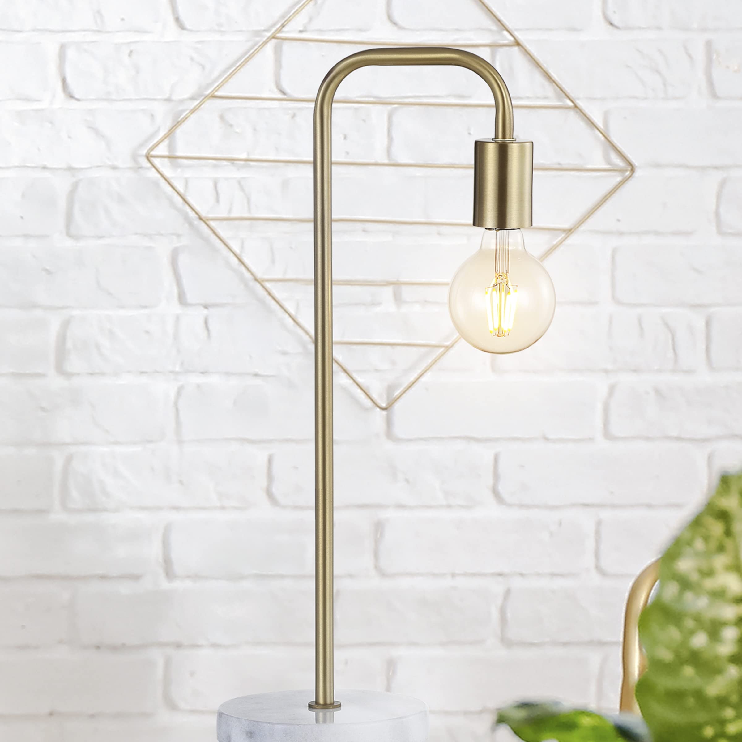 Jonathan Y Jyl1094A Axel 20.5" Industrial Gold Pipe Metal/Marble Edison Led Table Lamp Classic Transitional Bedside Desk Nightstand Lamp For Bedroom Living Room Office College, Brass Gold/White