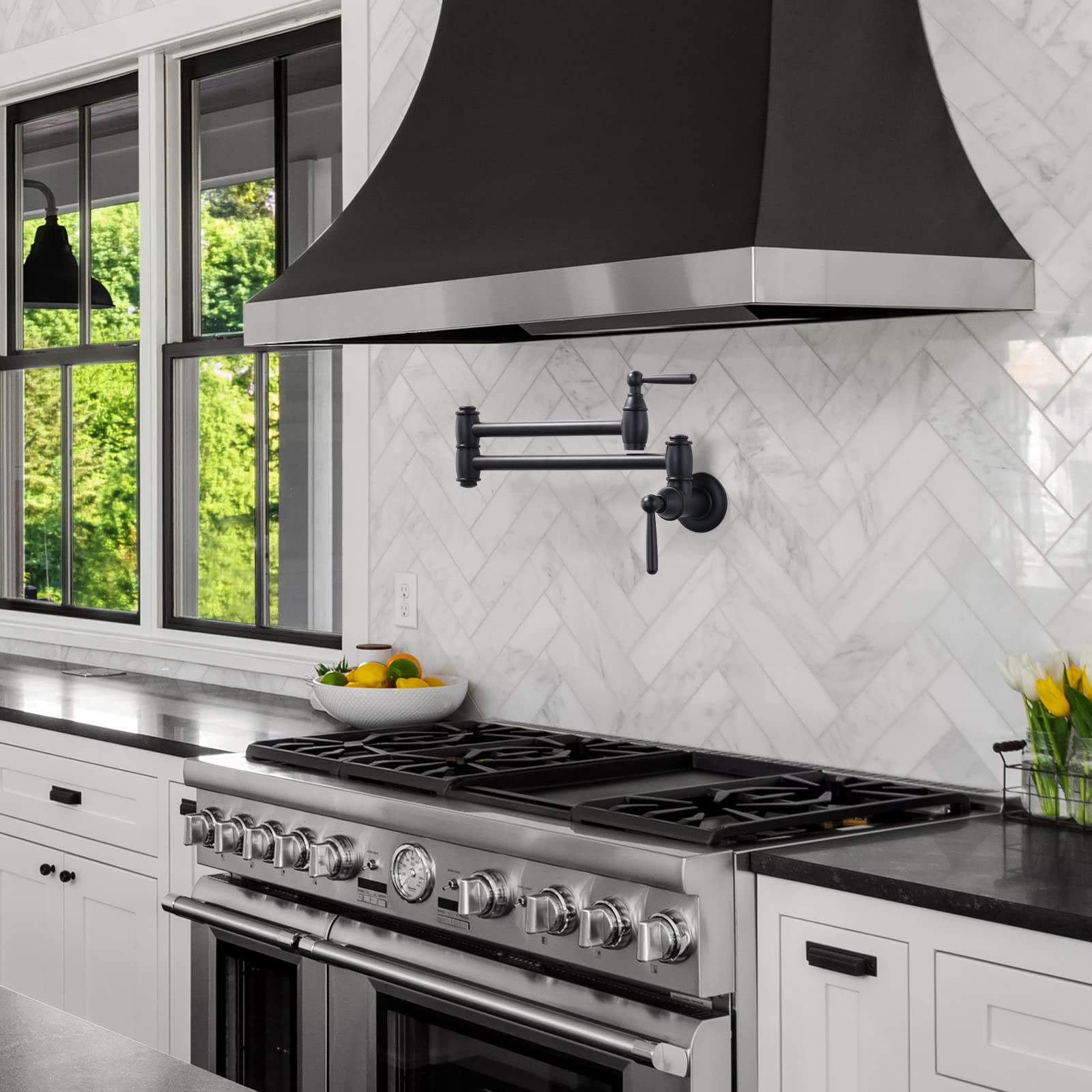 Arcora Black Pot Filler, Modern Wall Mount Kitchen Folding Faucet With 2 Handles, Double Joint Swing Arms, Brass Stove Faucet
