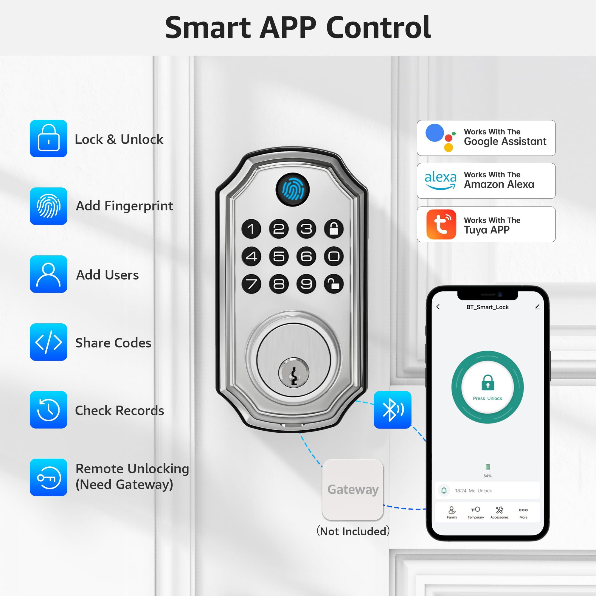 Lock&Solver Keyless Entry Door Lock, Smart Lock For Front Door, Keypad Fingerprint Doorlock, App Remote Control, One-Time Code, Auto Lock, Easy Installation With Video Guide, Rust-Resistant Zinc