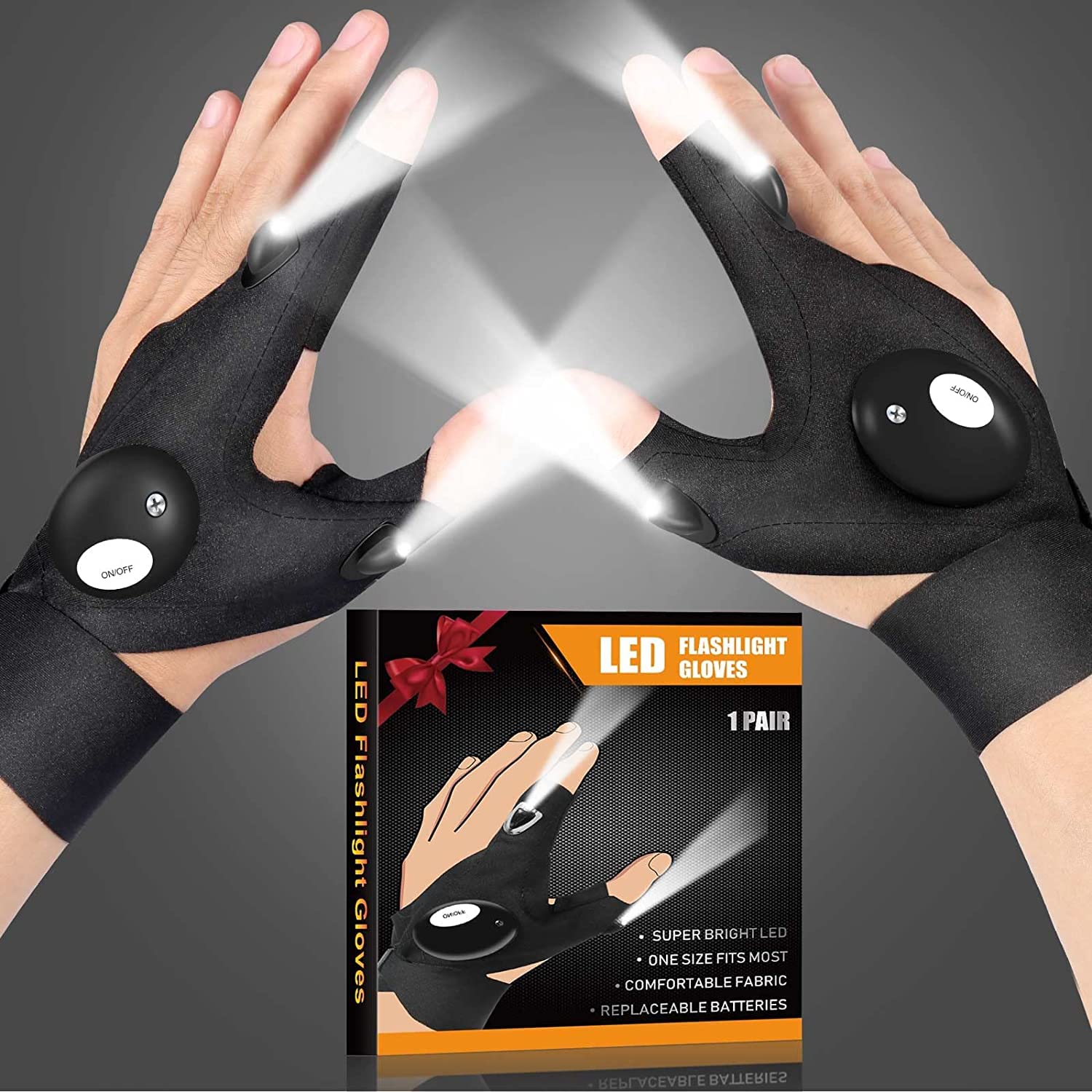 Jasee Led Flashlight Gloves,  For Men Him Dad Husband Boyfriend, Cool Gadgets Waterproof Hands- Finger Lights For Night Fishing Repairing Running Camping, Fathers Day Birthday Christmas 