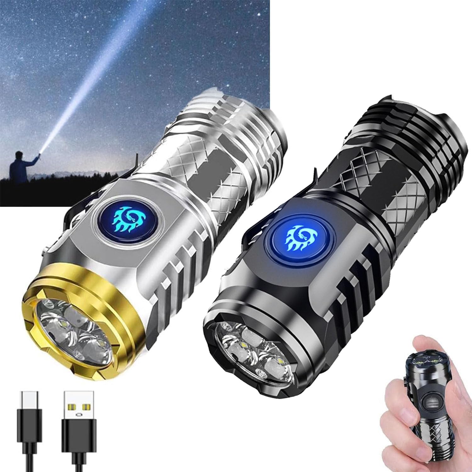 Habohuse German Three-Eyed Monster Mini Flash Super Power Flashlight, Thumb Flashlight Mini Flashlights, Multi-Functional Mini Pen Clip Flashlight Light Steel High Lumen Rechargeable Waterproof (2Pcs-A)