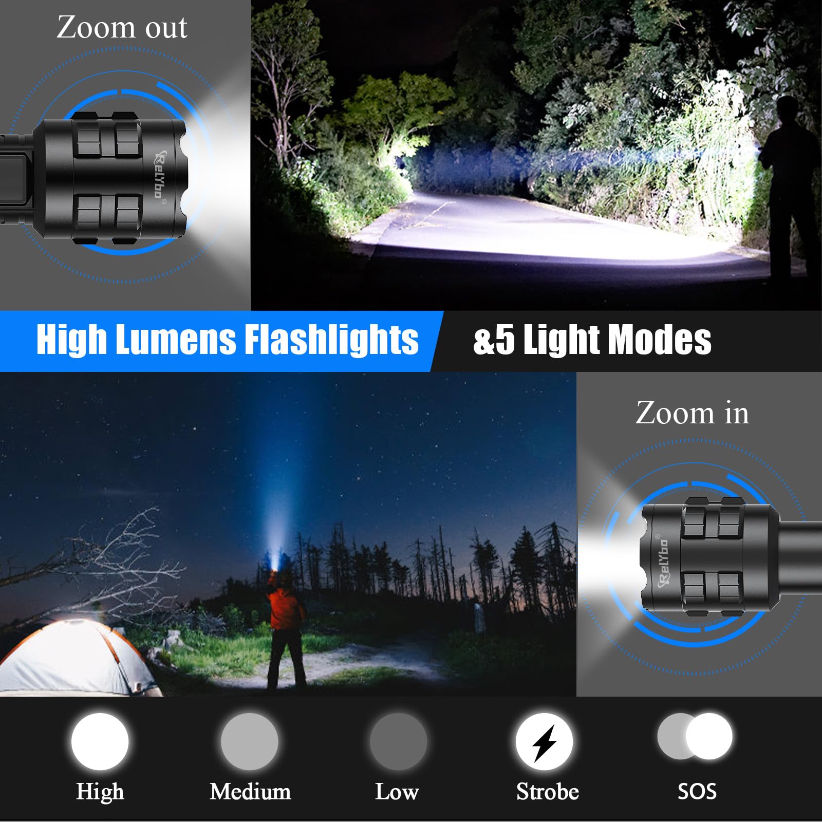 Relybo Rechargeable Led Flashlights High Lumens, 900,000 Lumens Tactical Flashlights, Super Bright High Powered Flash Light 5 Modes & 12H Long Runtime For Emergencies, Camping, Dog Walking