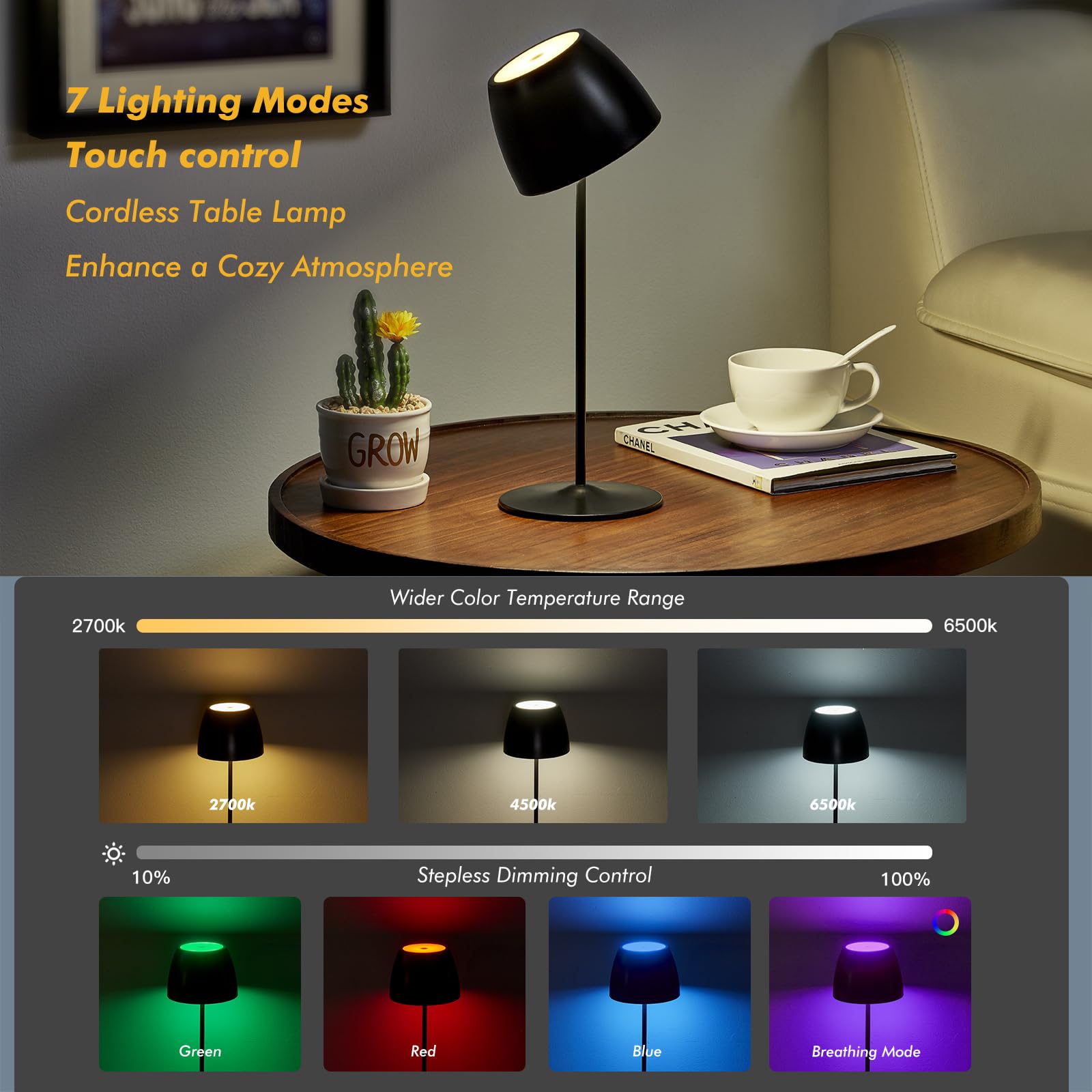 Mycozy 2 Pack Cordless Table Lamp, 7 Lighting Modes, Rechargeable Wireless Lamp, Waterproof Lamps For Shower, Battery Powered Table Lamp For Living Room/Bedroom/Dinner/Cafe/Patio/Outdoor(Black)