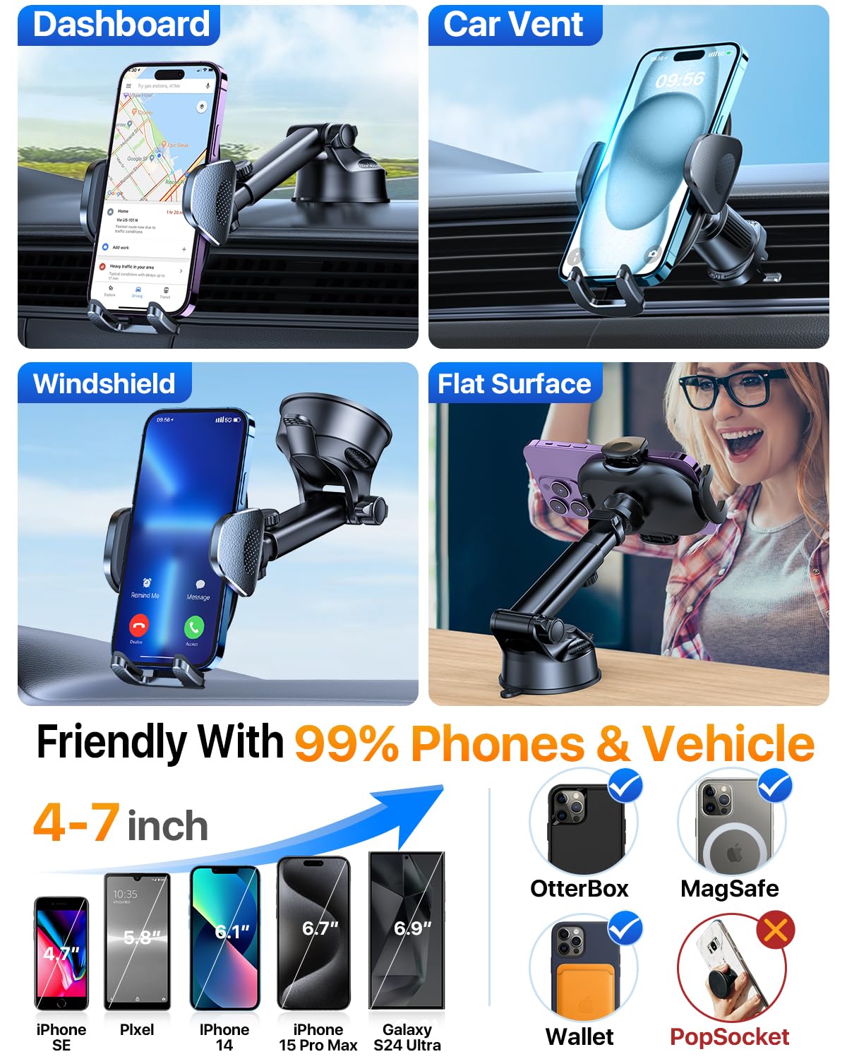 Yru [ ] Universal Car Phone Holder Mount【 360°Rotatable & Strong Suction】 Cell Phoneholder Car Dashboard Windshield Phone Holder Dash Stand For Iphone 16 15 14 13 12 Samsung Truck, Black