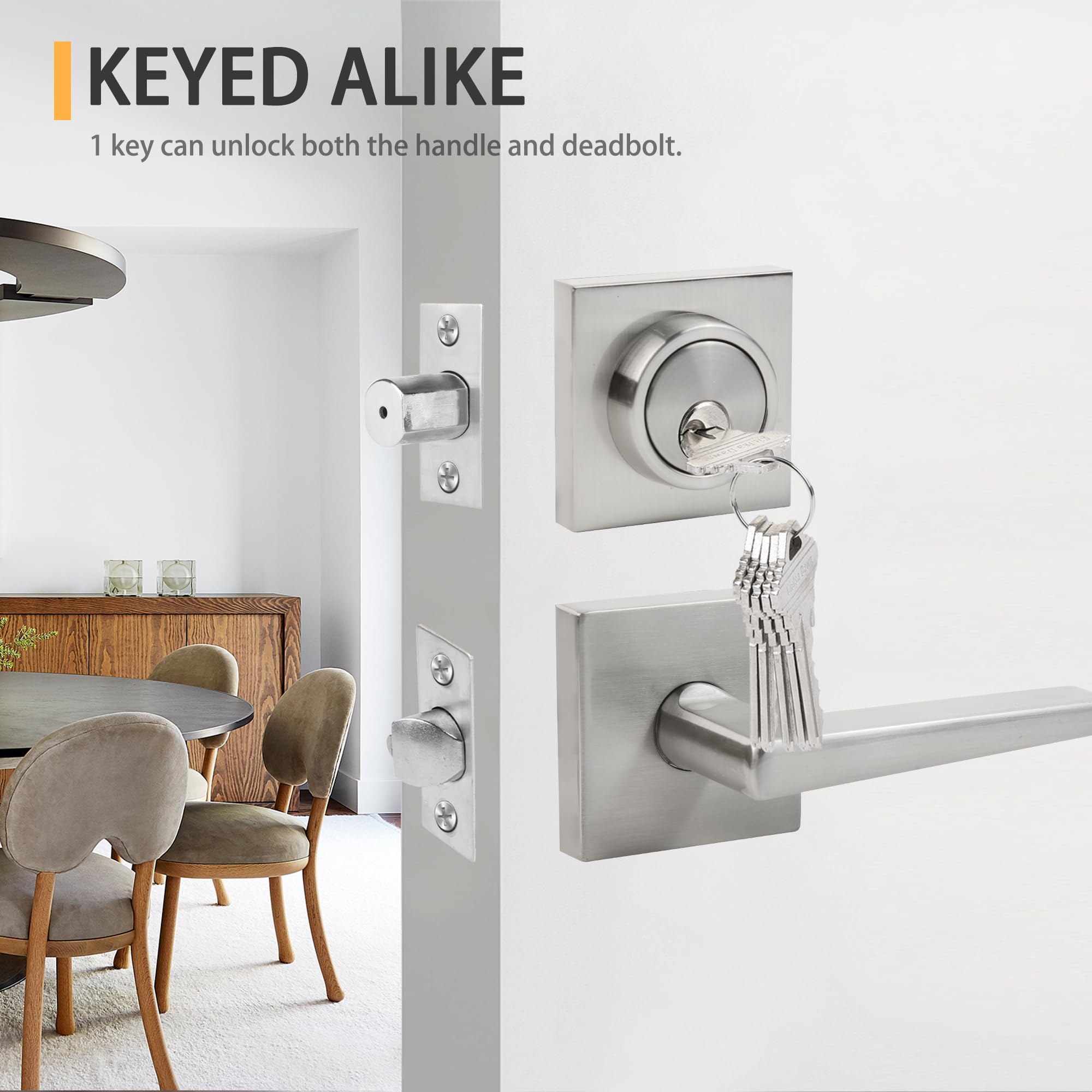 Jesstti Deadbolt Lock And Door Knob Set, Exterior Door Lock Set With Deadbolt, Square Dead Bolt Locks For Exterior Doors, Heavy Duty Entry Door Lever With Single Cylinder Deadbolt, (Satin Nickel 3Pack)