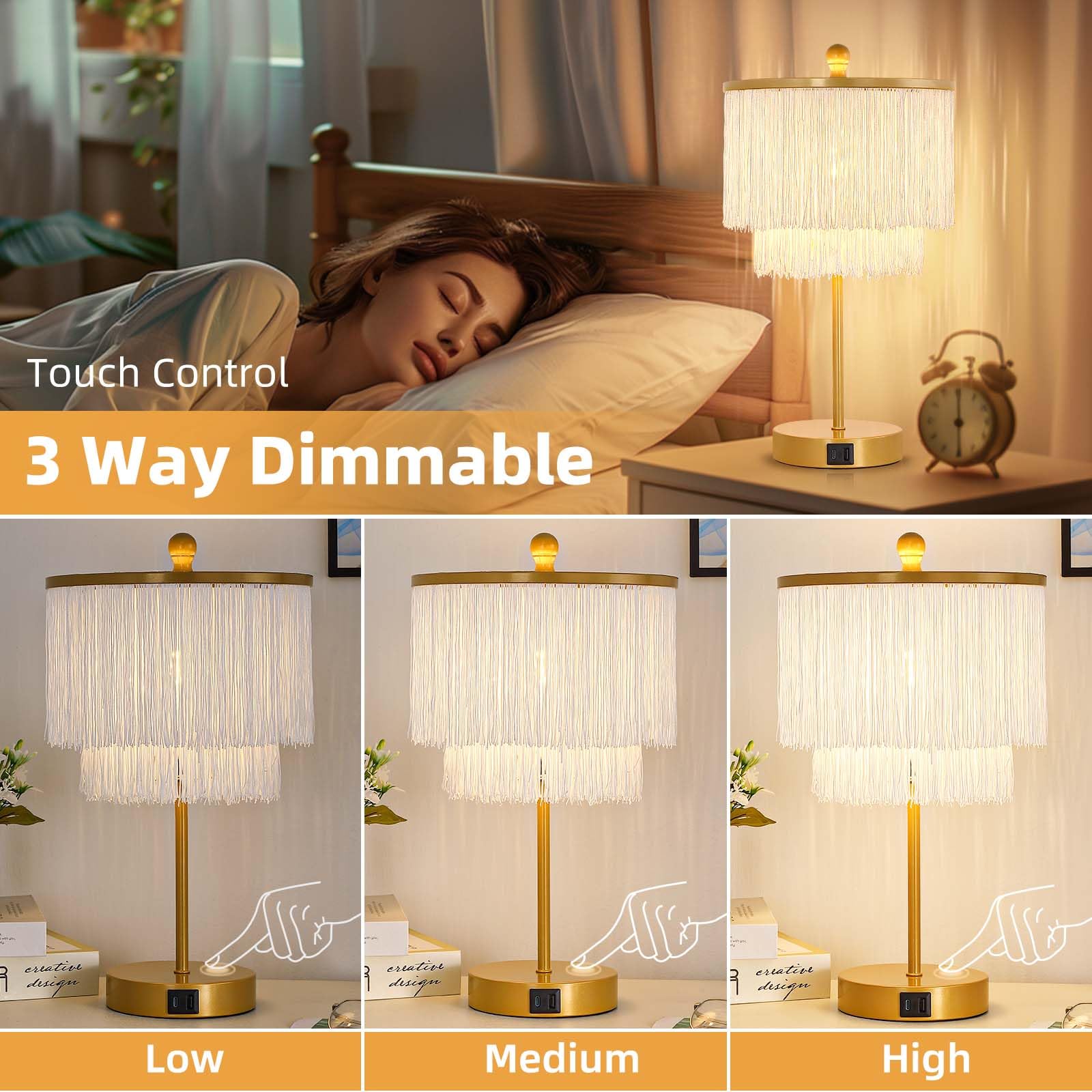 Lovlast Boho Lamp For Bedroom, 3-Way Dimmable Bedside Touch Lamp With Usb Charging Port, Gold Table Lamp, Fringe Boho Table Lamp For Living Room, Teens Room, Dresser, Nightstand, Led Bulb Included