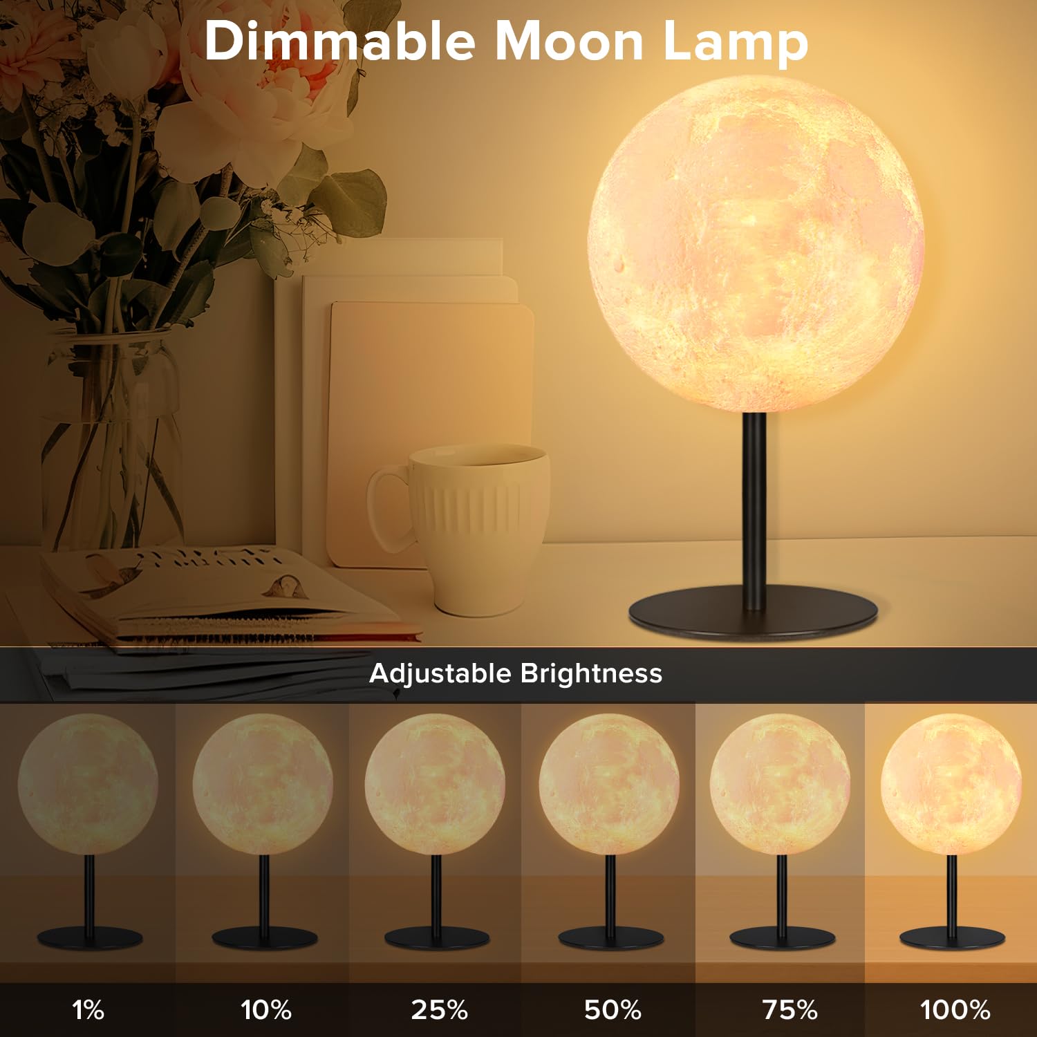Ehobroc Moon Lamp Bedside Table Lamp, Dimmable Bedside Lamp With 30 Modes, Moon Night Light Small Table Lamp For Bedroom, Kids Room, Office, Desk Lamp Nightstand For Girls Boys Teen Women Birthday-2Pack