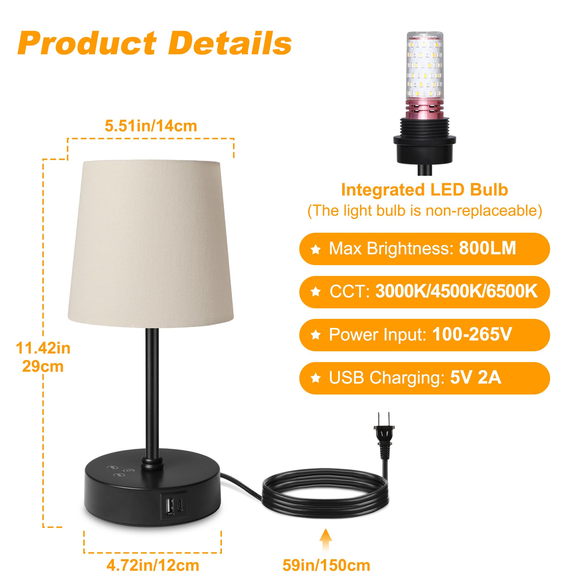 Ascher 1 Pack Small Bedside Table Lamp With 3 Color Temperatures, Dimmable Nightstand Lamps With Dual Usb Ports, Touch Control Rgb Color Desk Lamp For Bedroom Living Room Study Office(Cream Shade)