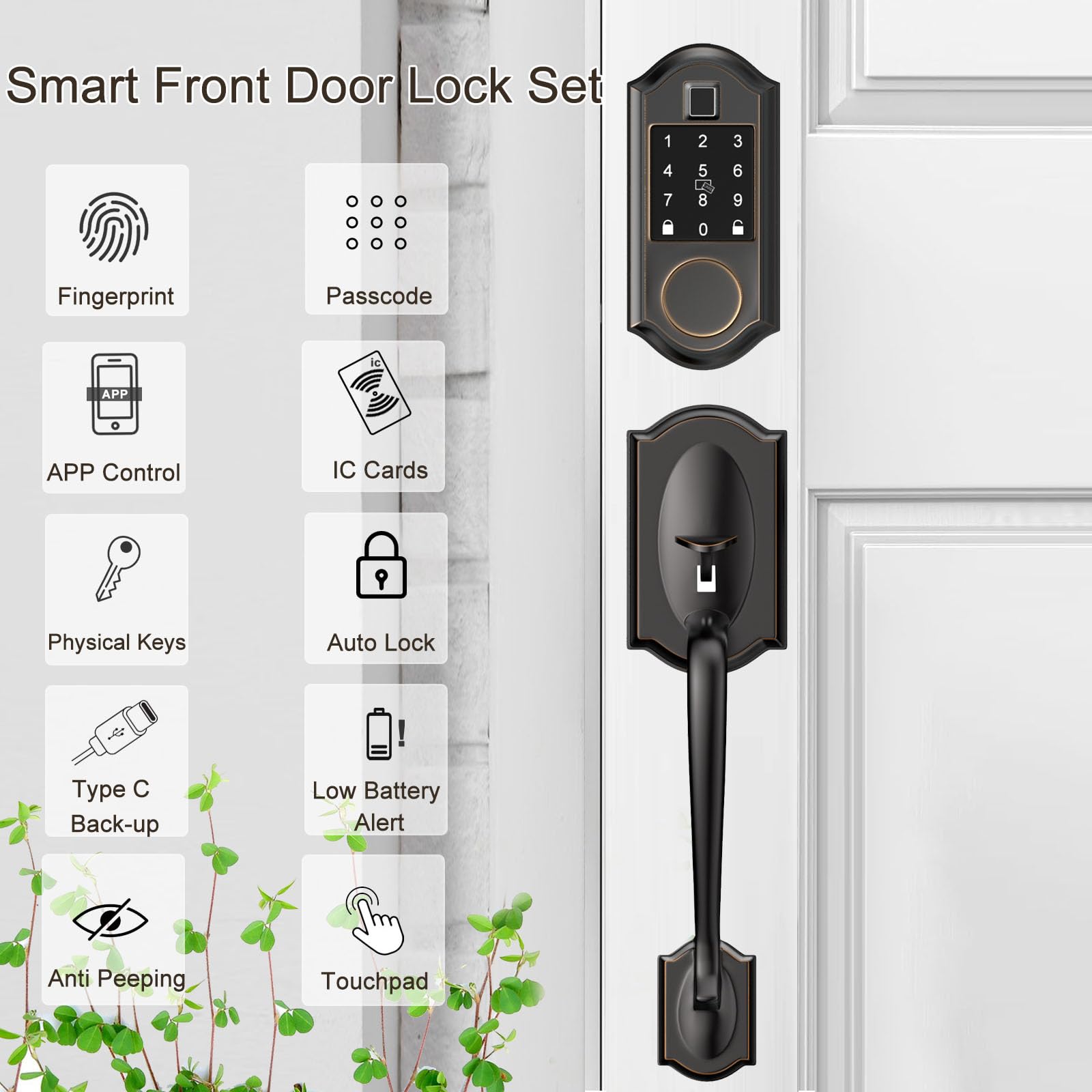 Narpult Smart Smart Locks For Front Door, Keyless Entry Deadbolt With Handle Set, App Control, Fingerprint Door Lock With Adjustable Lever, Oil Rubbed Bronze