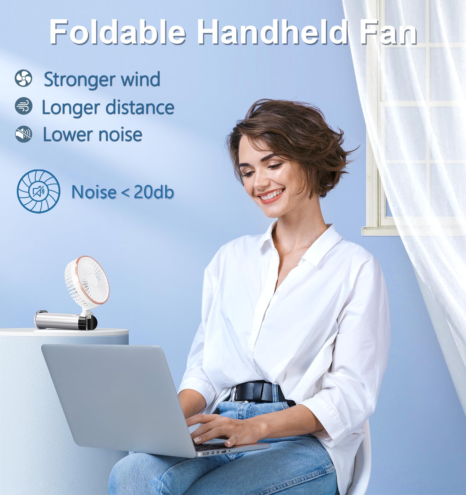Rechargeable Beyyon handheld fan with 5200mAh, 180° adjustable, 6-speed settings, ideal for personal cooling