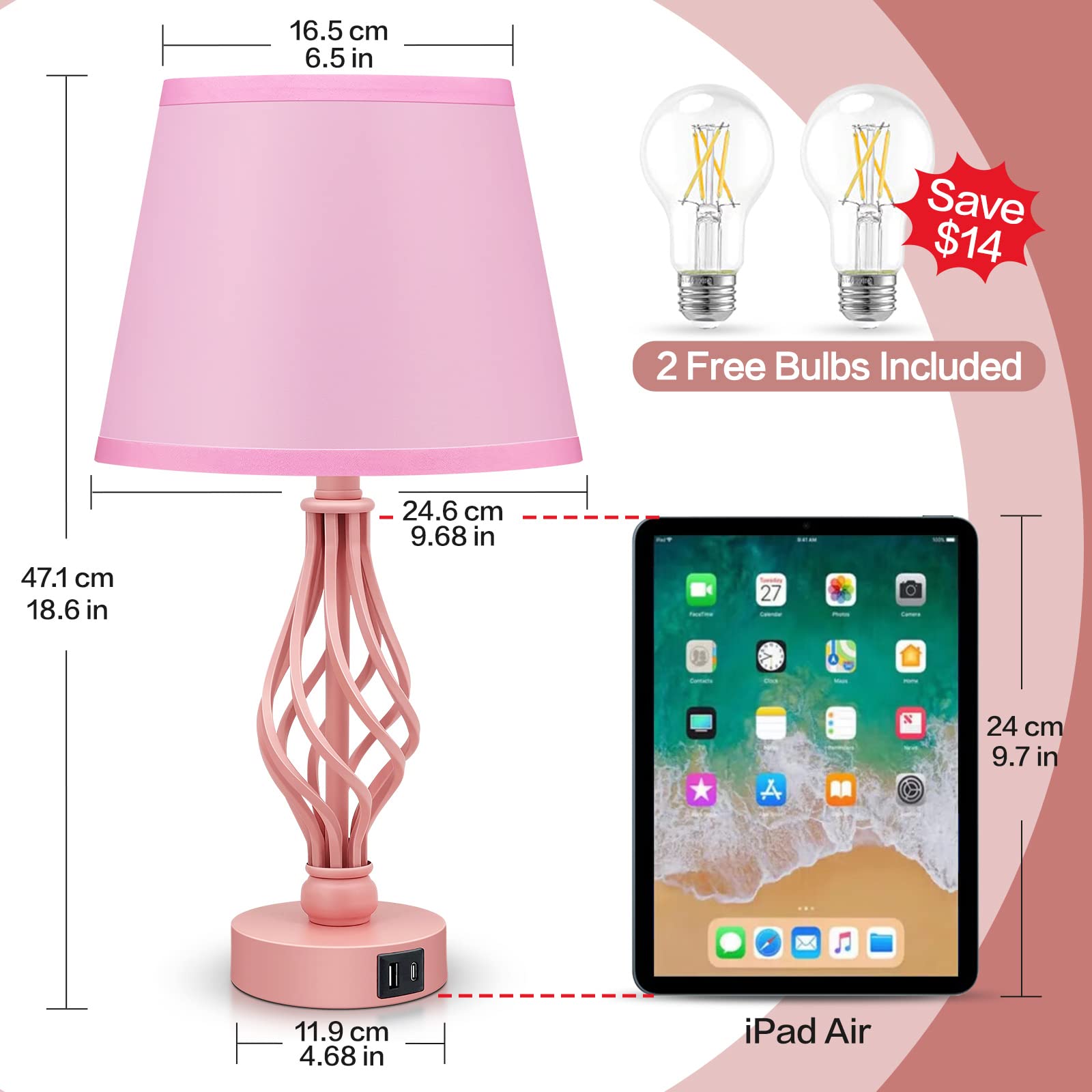Wiomonrew Touch Table Bedside Lamps Set Of 2, Nightstand Bedside Nightstand Lamps With Usb Type-C Ports, Girls Desk Lamp For Living Room Bedroom Side Table (Pink)