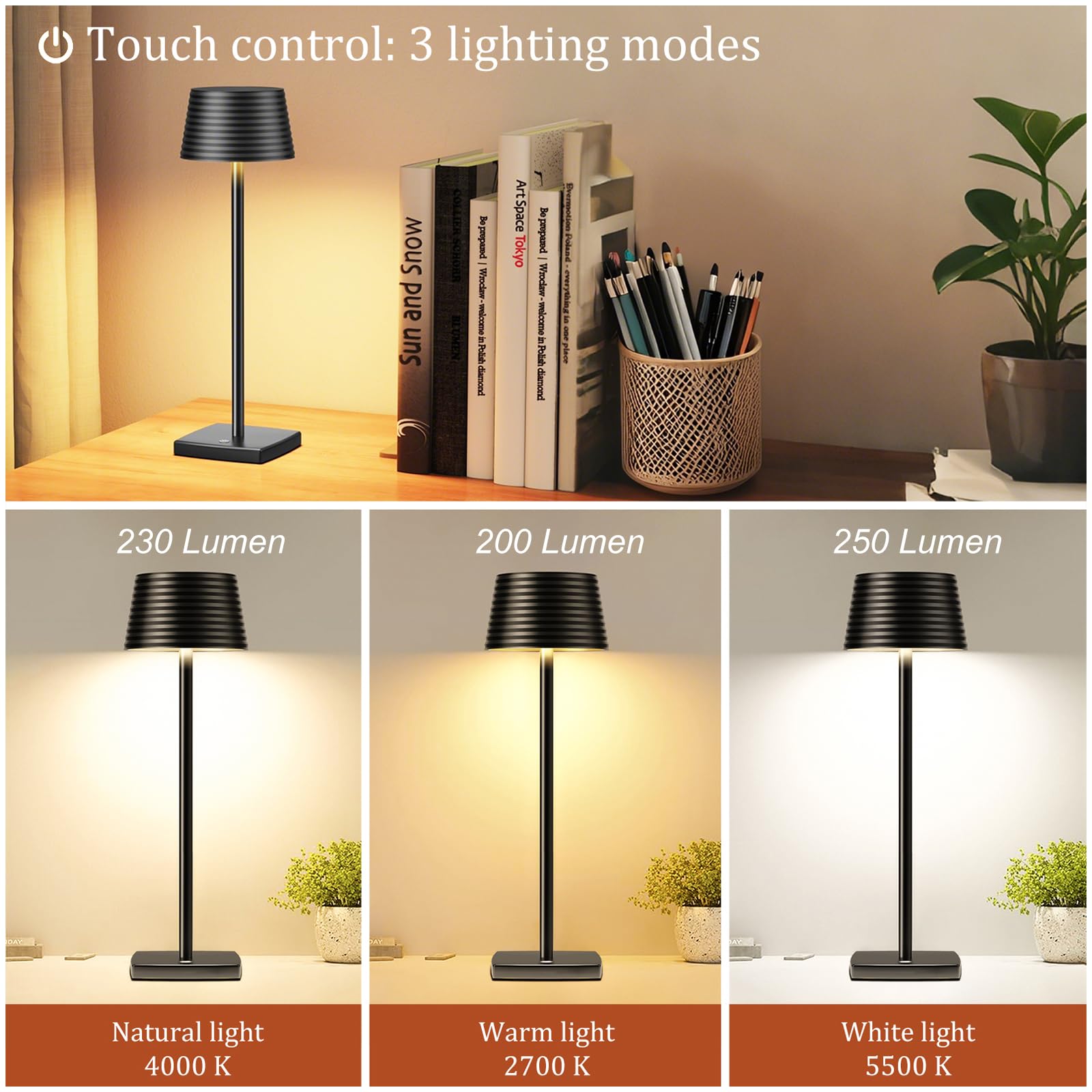 Barryca Cordless Table Lamp Rechargeable, Outdoor Portable Led 6000Mah Battery Operated Lamp, Ip54, Touch Dimmable, For Restaurant Outside Dining Bar Patio Party Cocktail (1-Pack-Black)