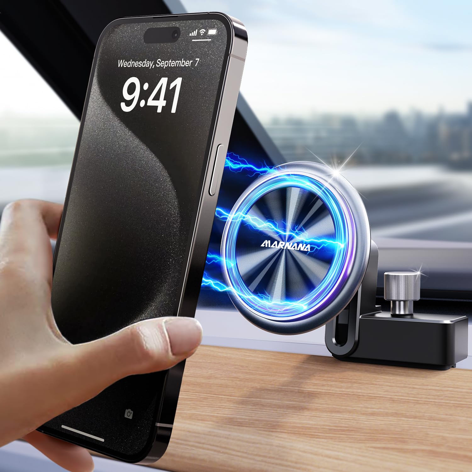 Marnana Phone Holder For Tesla Model 3/Y, For Magsafe Magnetic Universal Shock Absorption(6 Built-In Springs) Car Mount, 360 Degree Rotatable Phone Mount For Car Fit For Iphone 12/13/14/15 Series