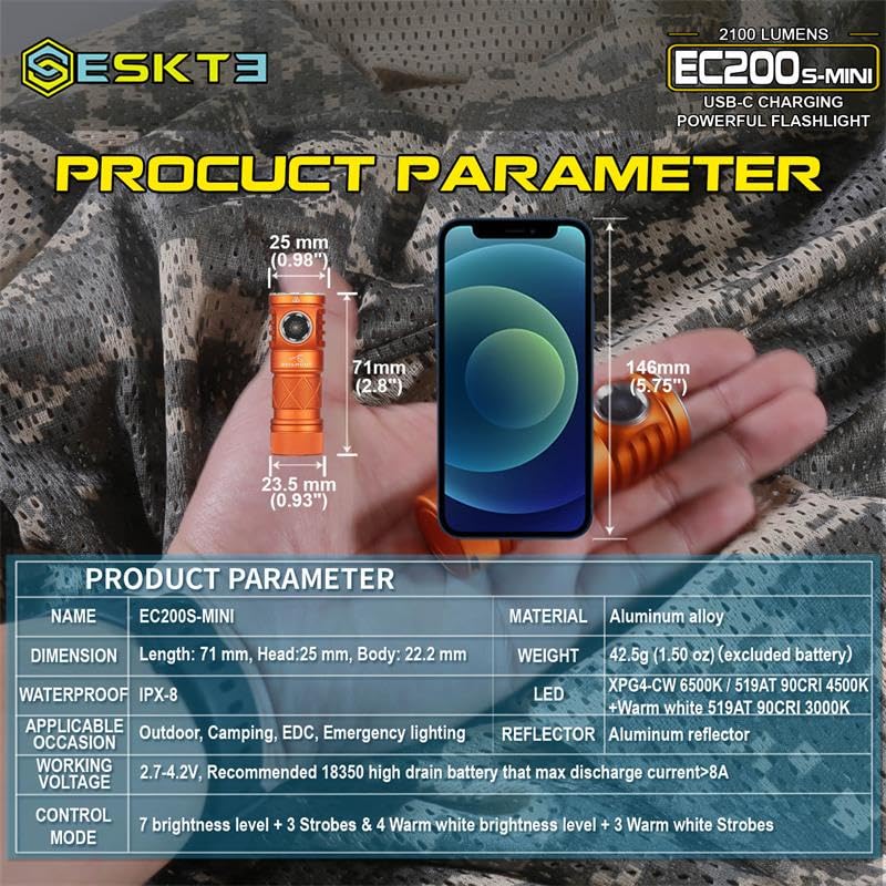 Skilhunt Ec200S-Mini 2100+570 Lumens Dual Channel Powerful Edc Usb-C Rechargeable Led Flashlight - Lightweight, Compact Pocket Light Camping Hiking Running Waterproof Outdoor (Cool White 6500K, Orange)