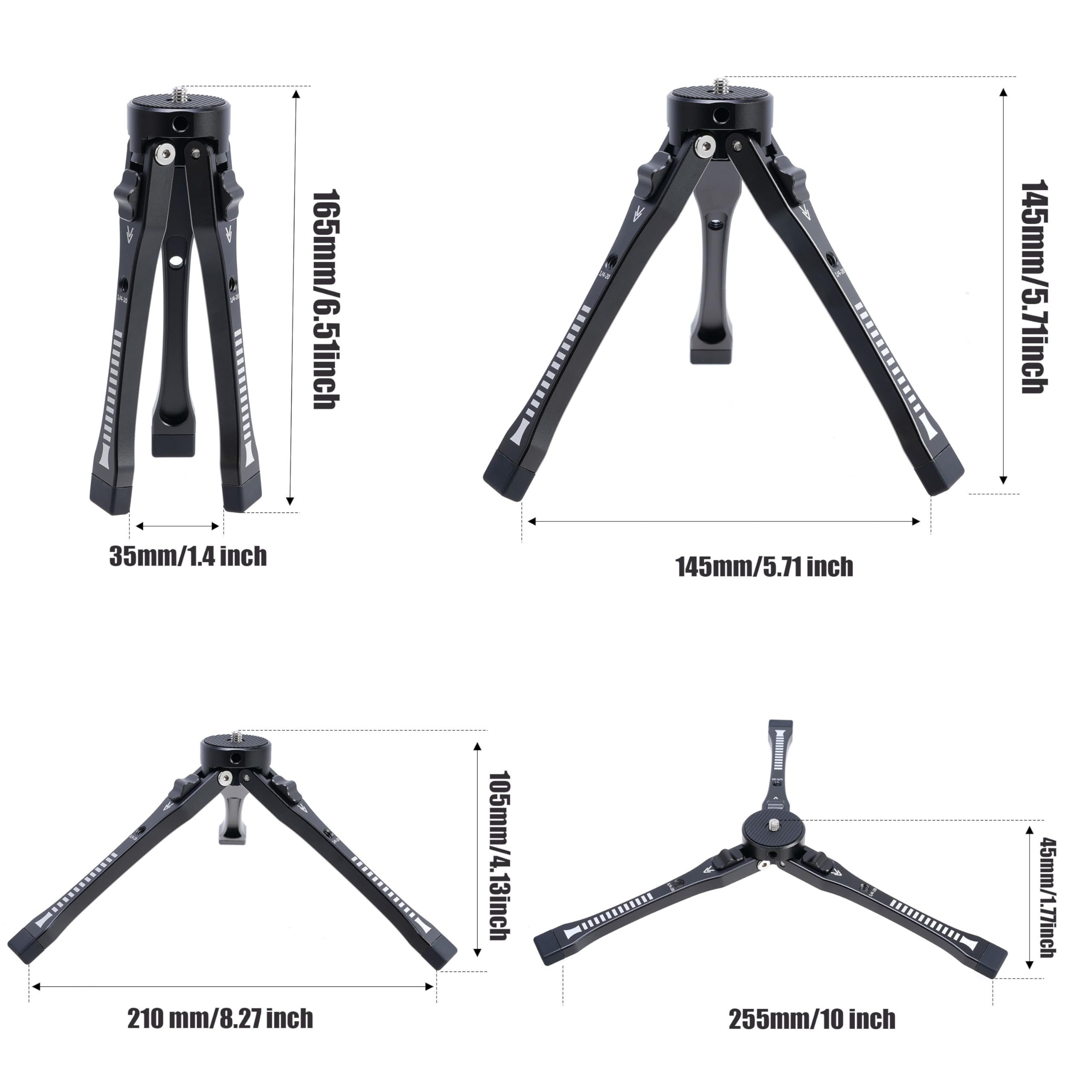 Focusfoto 2-In-1 360° Panoramic Ball Head & Aluminum Adjustable Desktop Tripod Stand- 4-Level Height (45-165Mm) With Cold Shoe Adapter, 1/4"-20 & 3/8"-16 Screws For Mirrorless Camera Vlogging